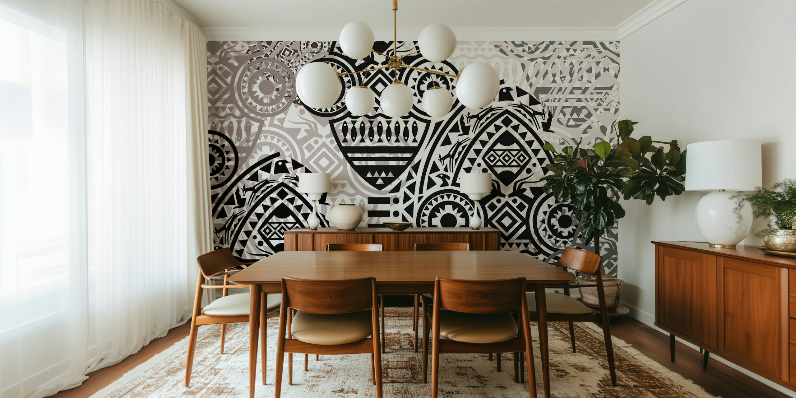 Black and white geometric patterned wallpaper with intricate designs