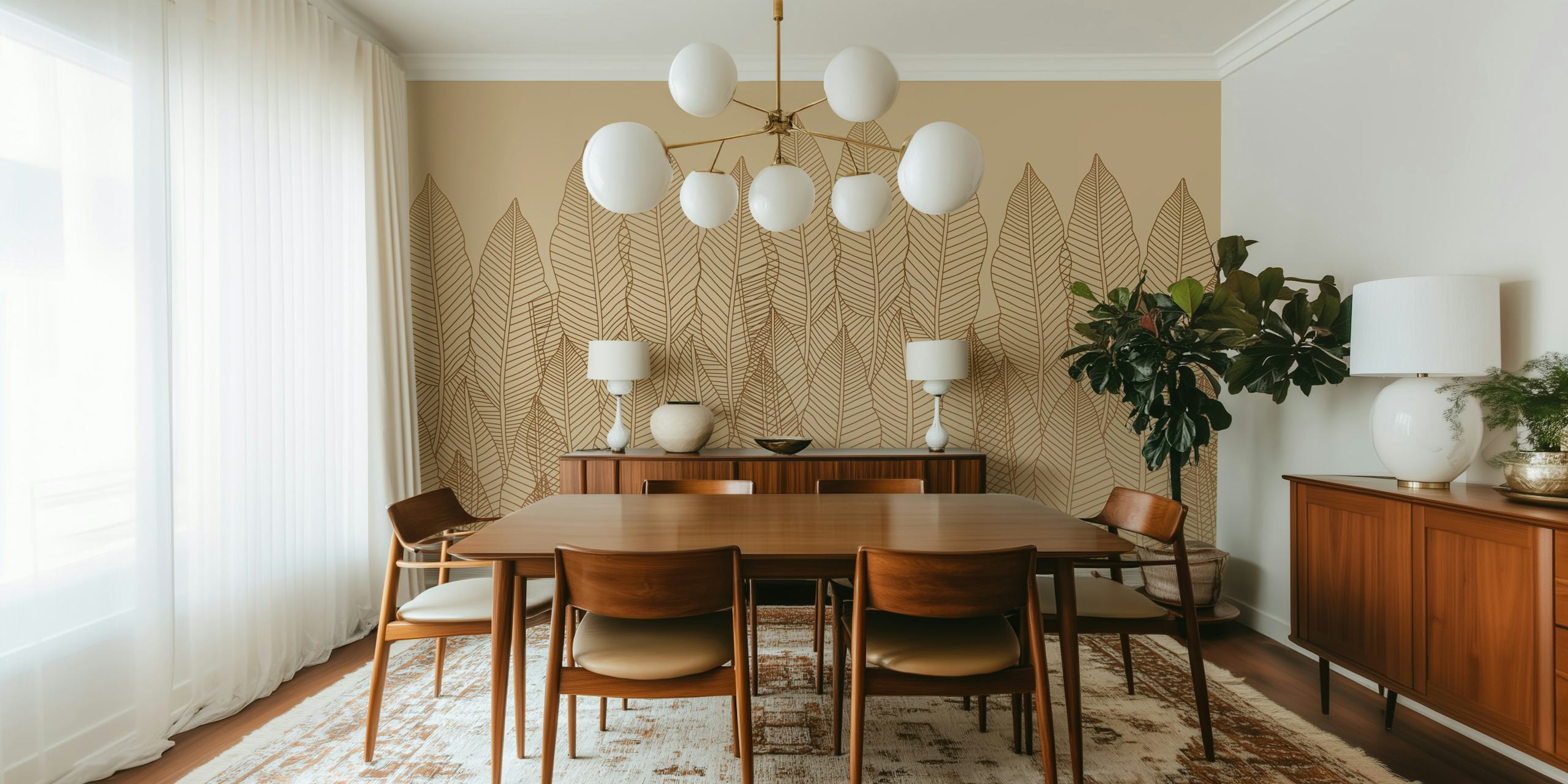 Tropical leaf pattern in gold on beige background wallpaper