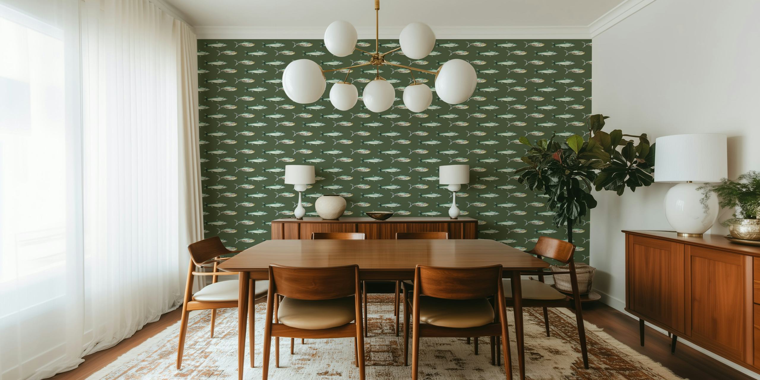 Green fish pattern wallpaper featuring various fish designs
