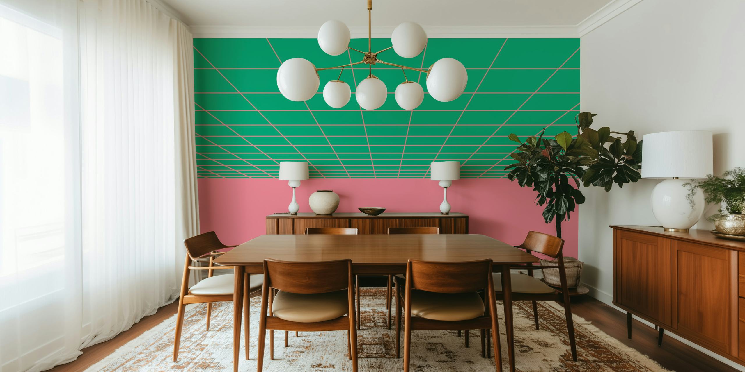 Geometric green and pink grid design wallpaper