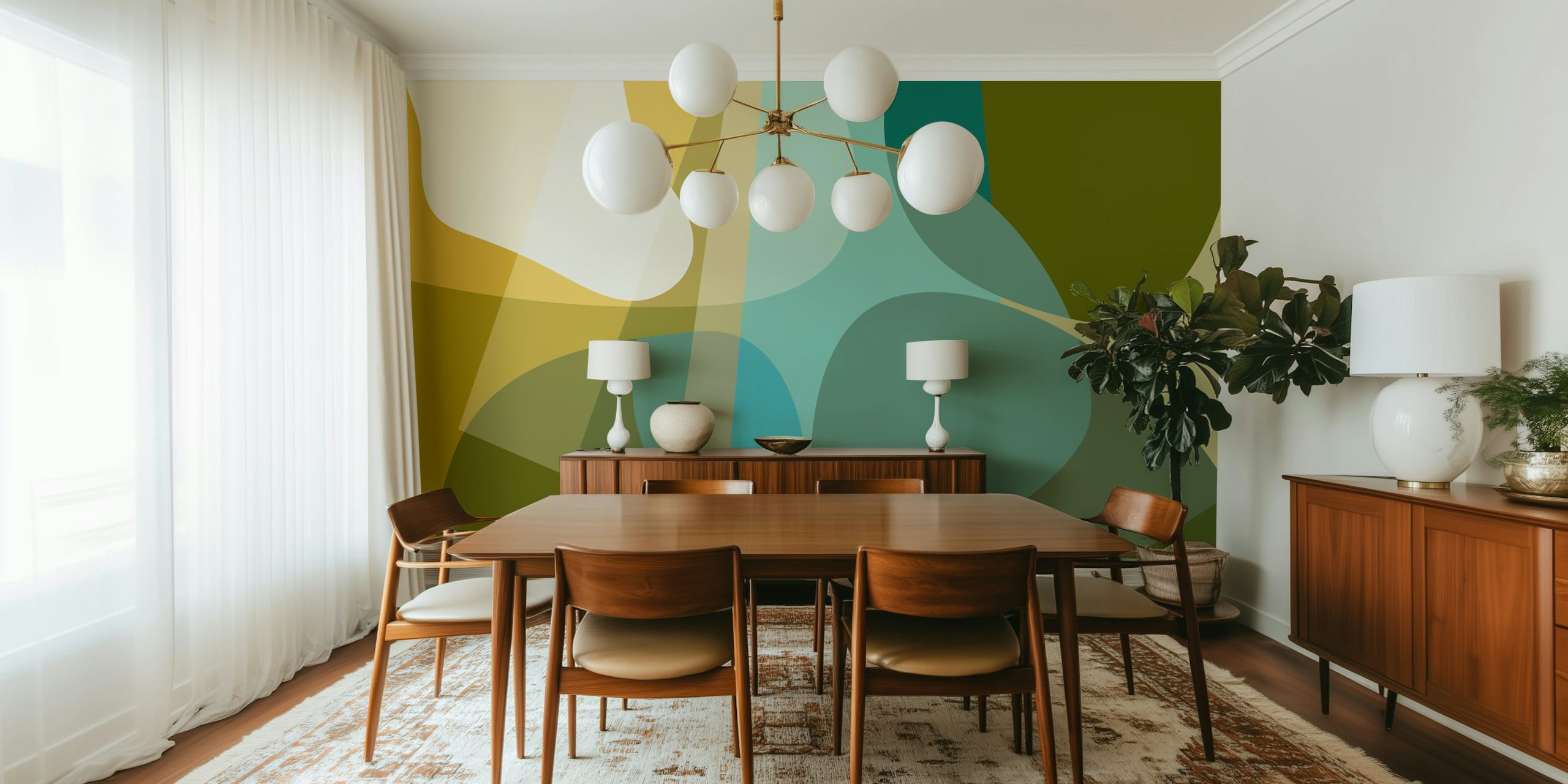 Vintage geometric shapes in green, blue, and yellow wallpaper
