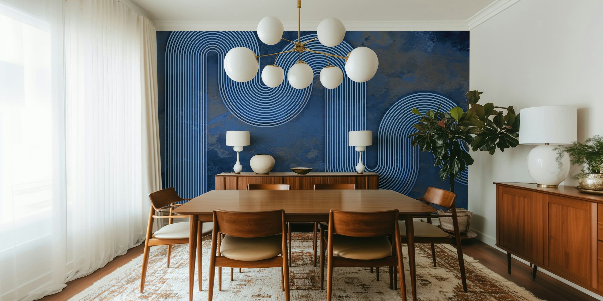 Blue curved lines wallpaper in a room