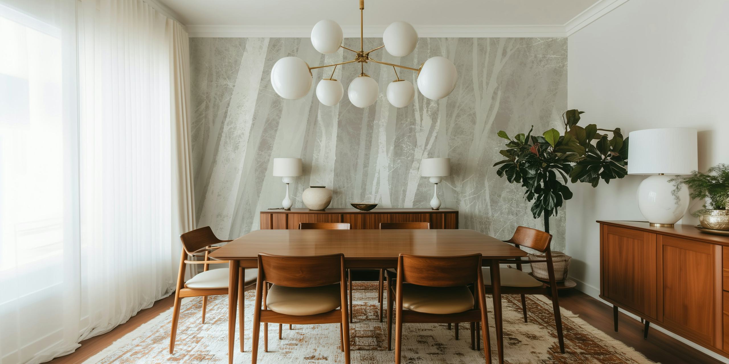 Papel de parede Misty Woodland Escape em um quarto moderno