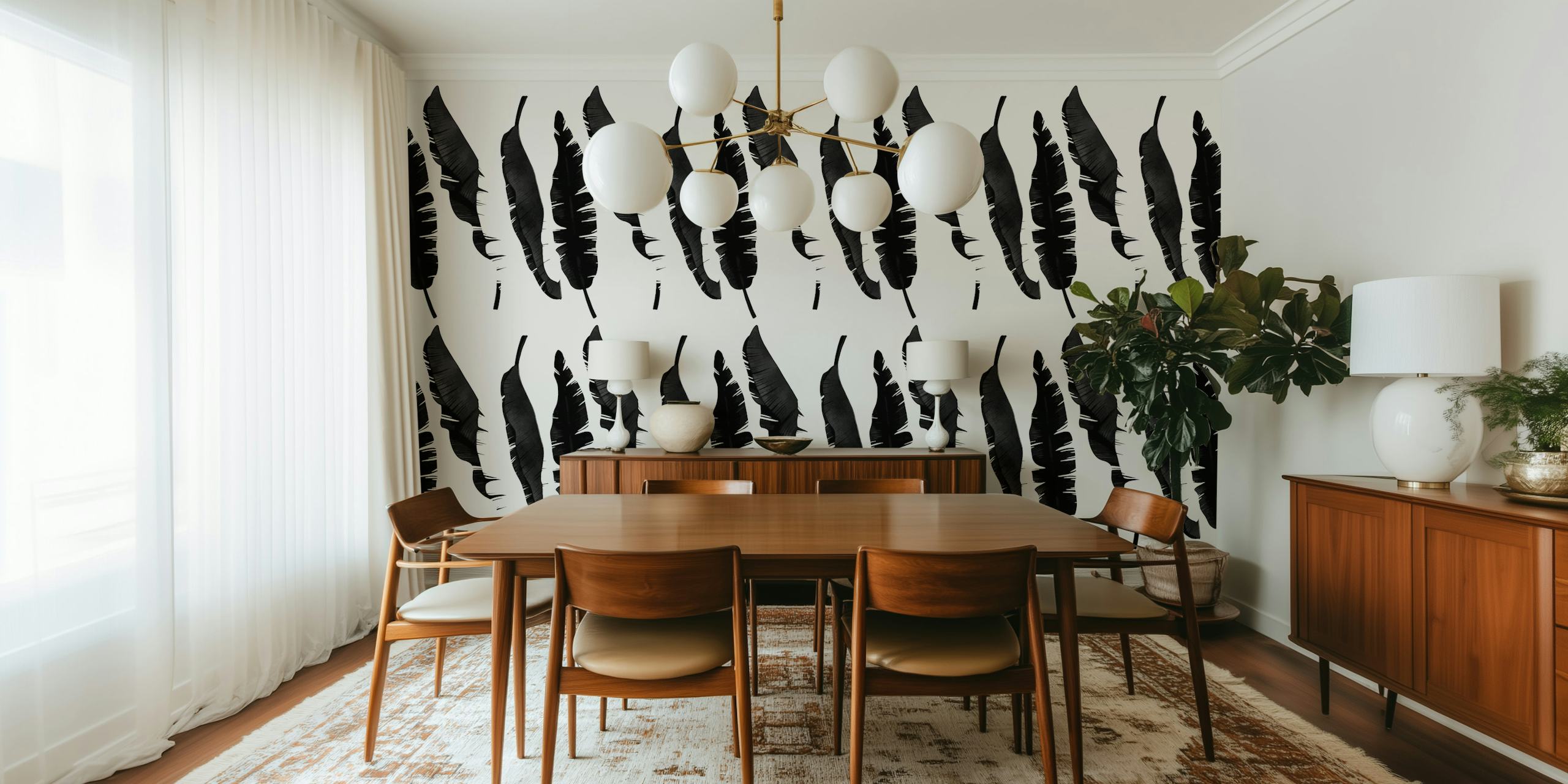Monochrome feather wallpaper displayed in a room