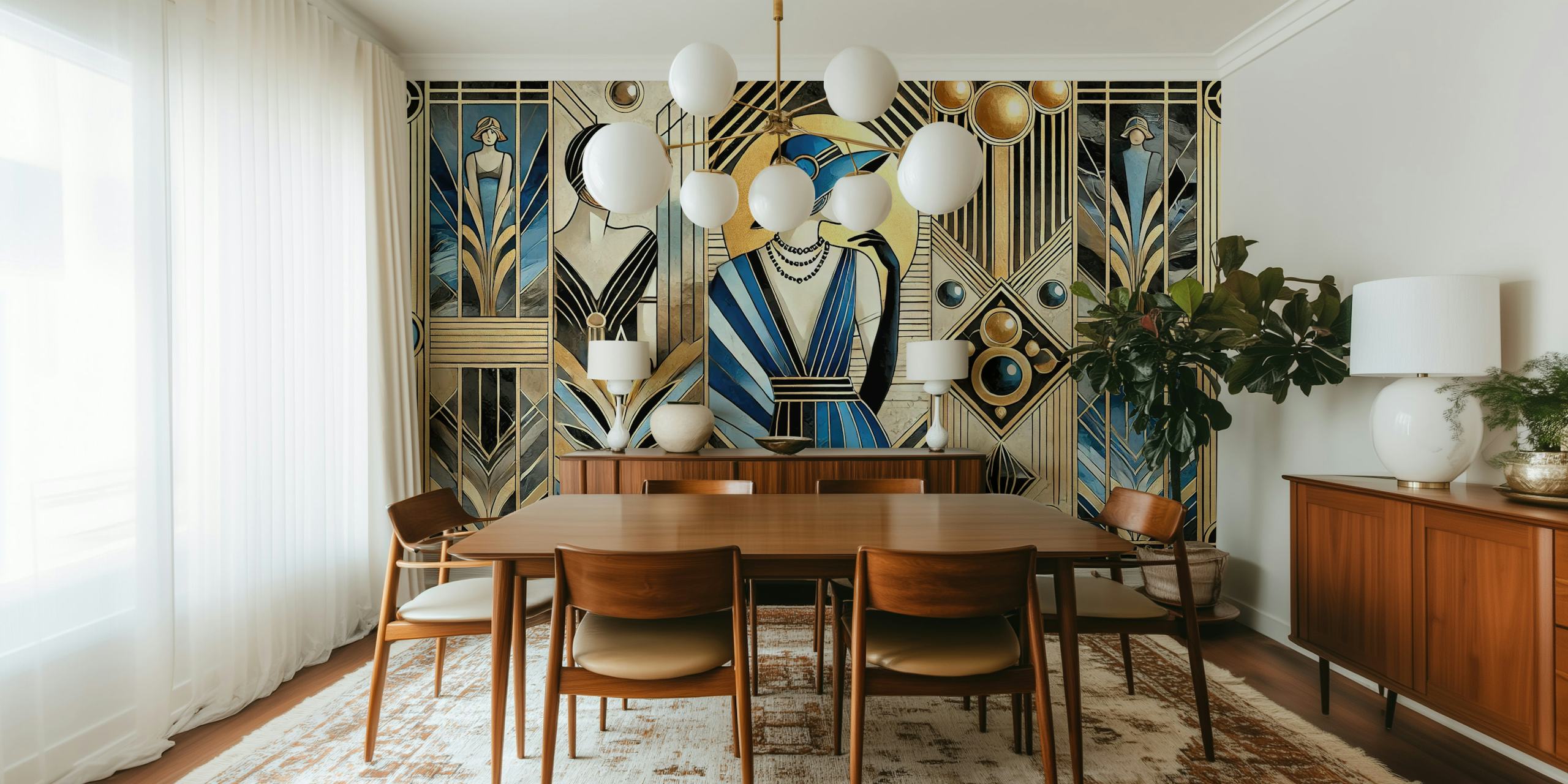 Art Deco women in blue and gold pattern wallpaper