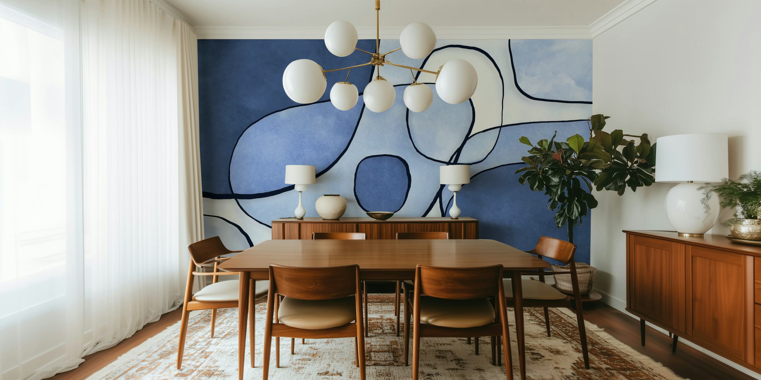Tapeta Modern Indigo Shapes Mid Century u prostoriji