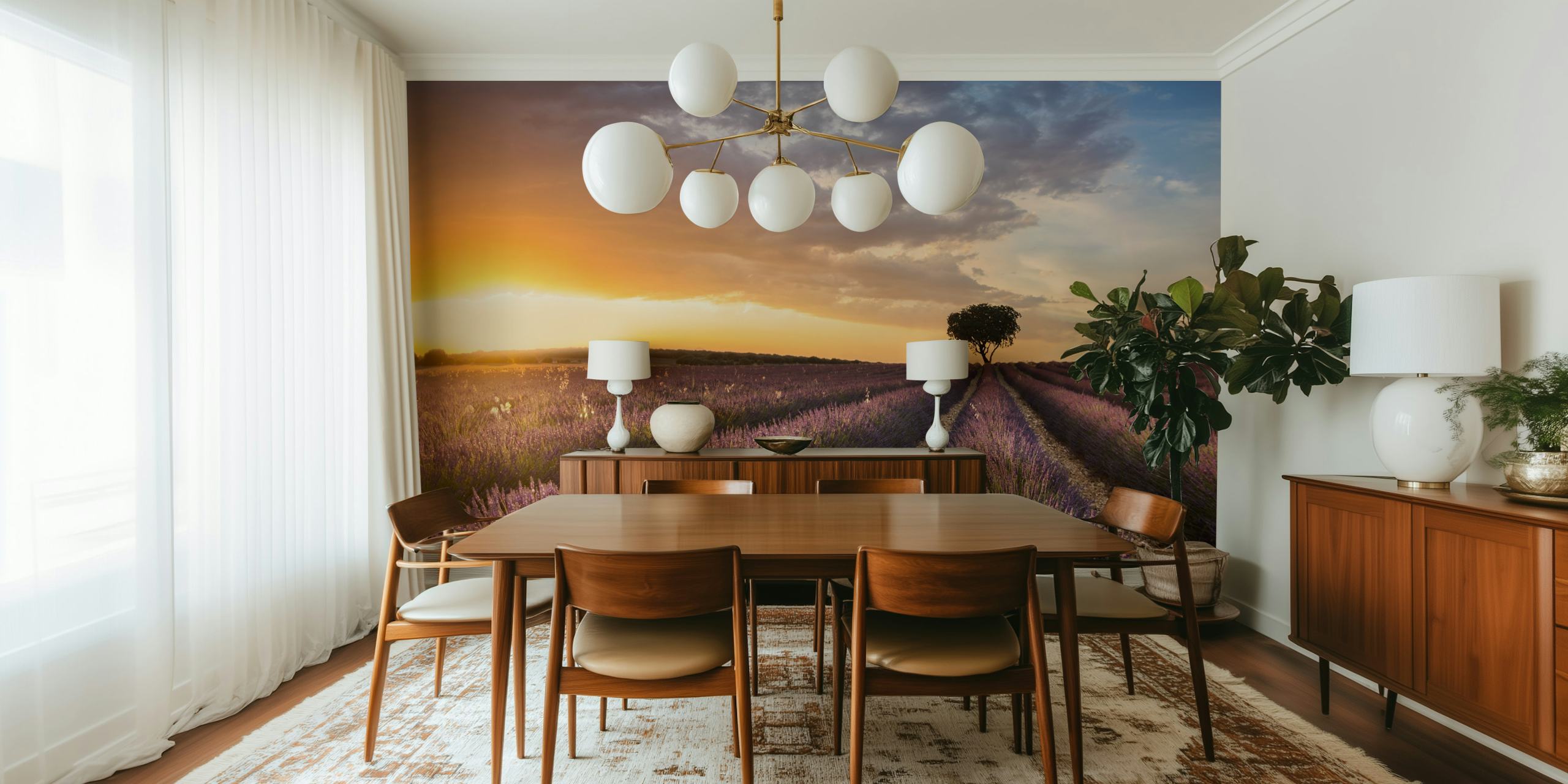 Lavender fields with sunset and a single tree wallpaper