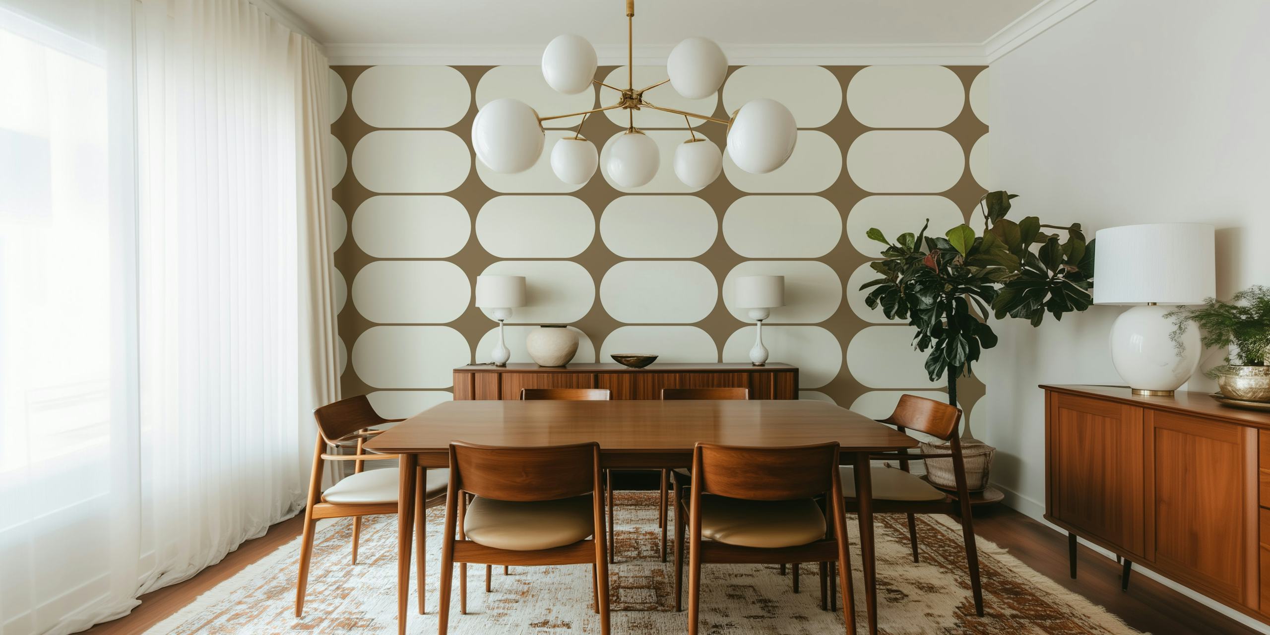 Beige geometric patterned wallpaper with oval shapes