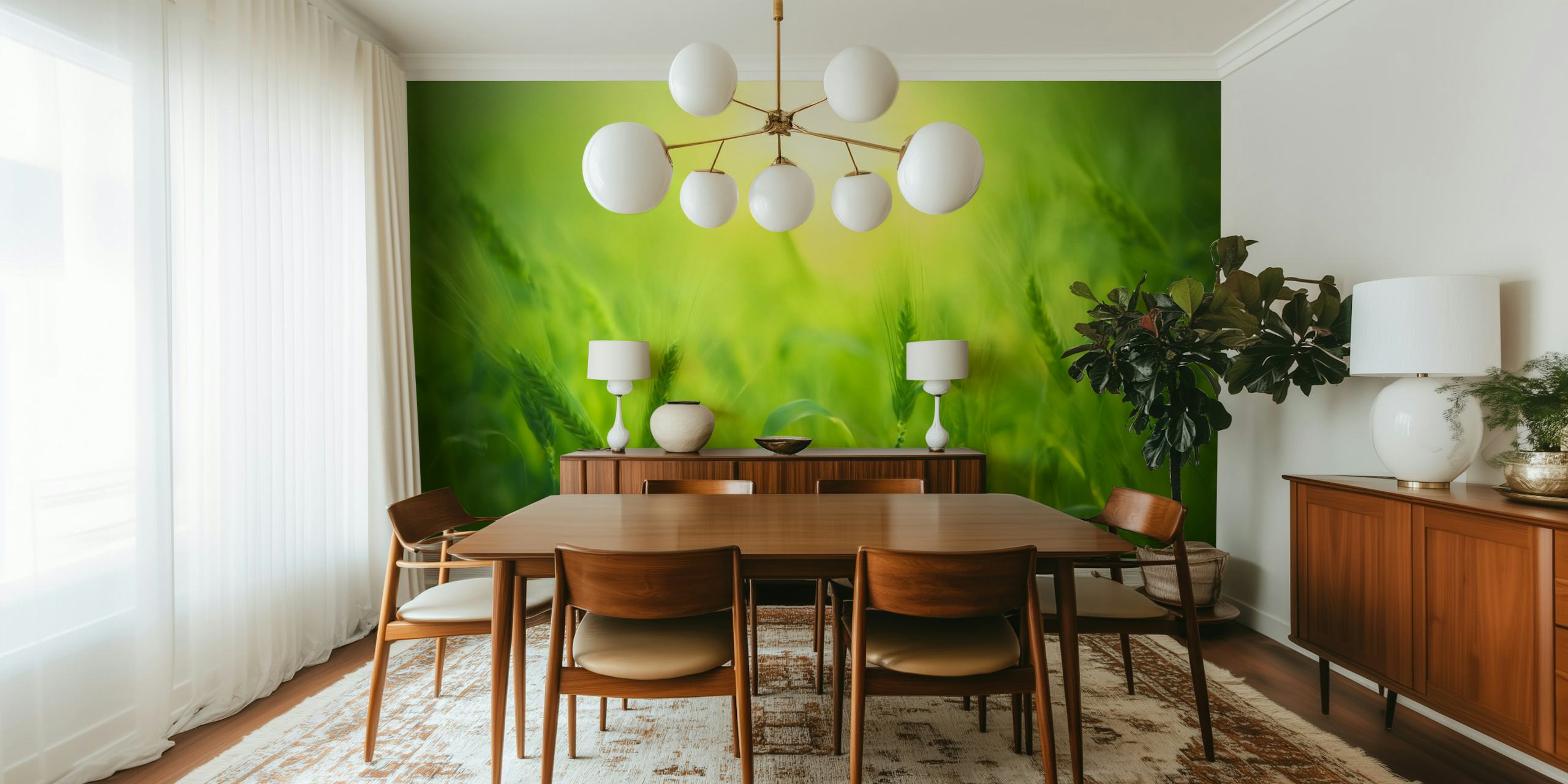 Vibrant green meadow wallpaper with tall grass and light tones