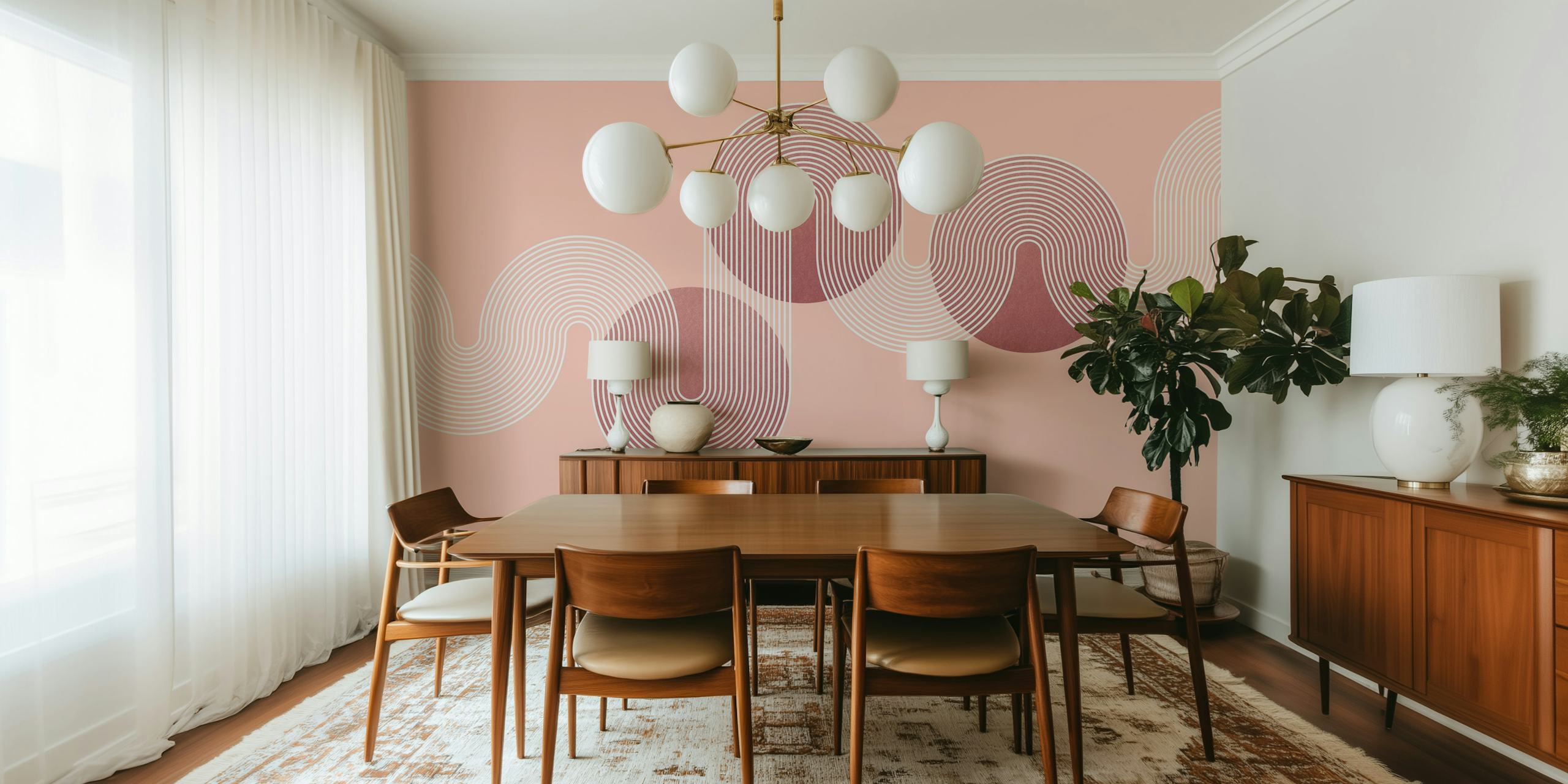 Pink wavy line patterned wallpaper with curved white lines