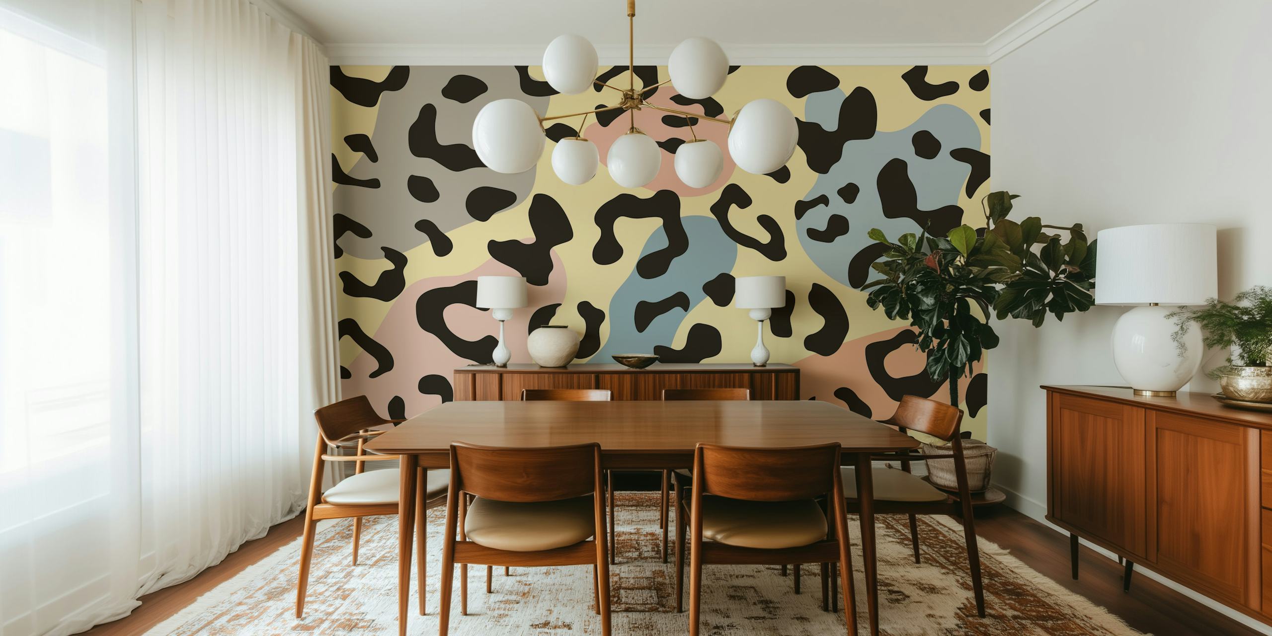 Leopard print wallpaper with pastel shapes and black spots