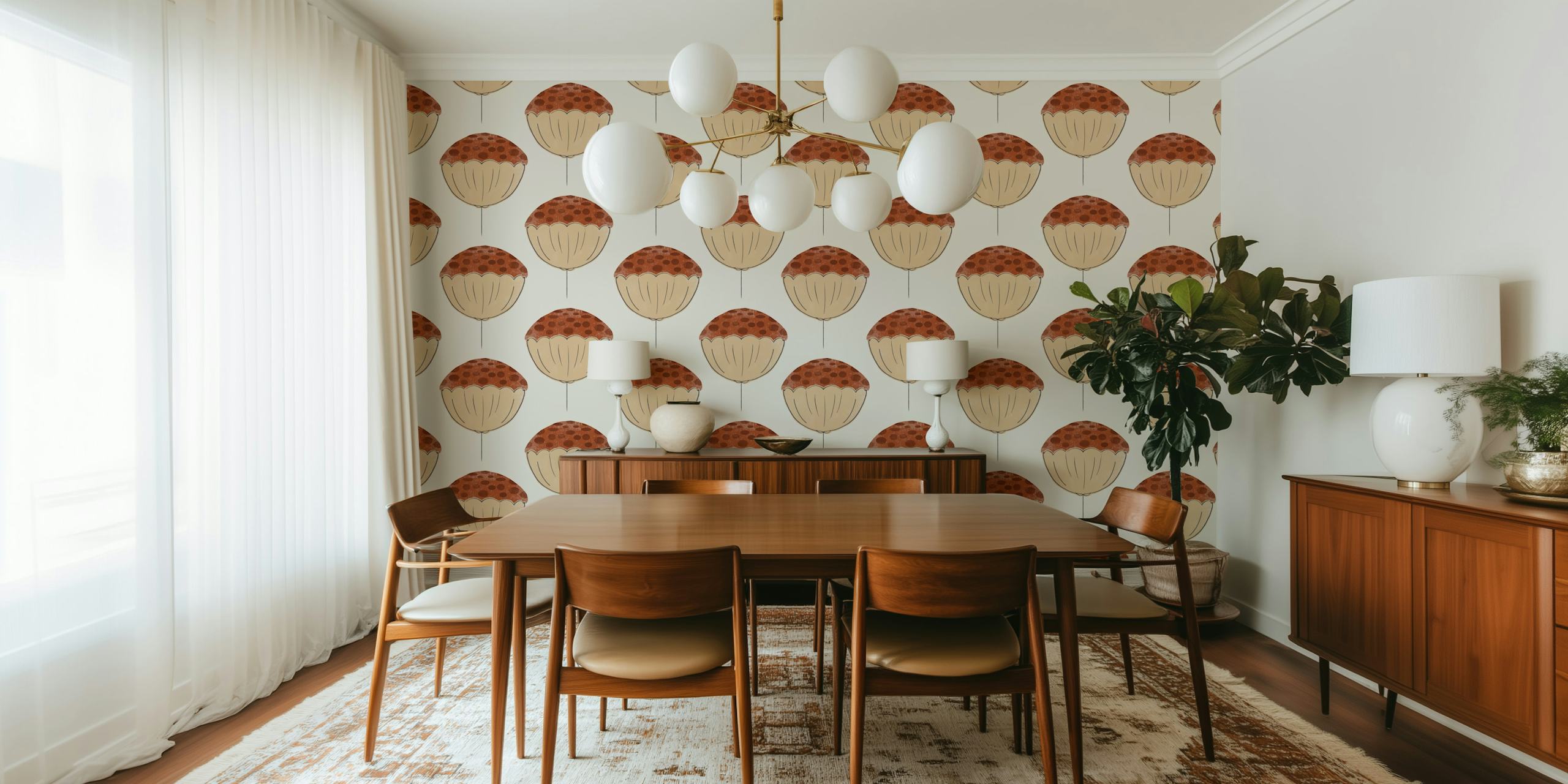 Patterned floral wallpaper in earth tones featuring brown floral designs on a light background