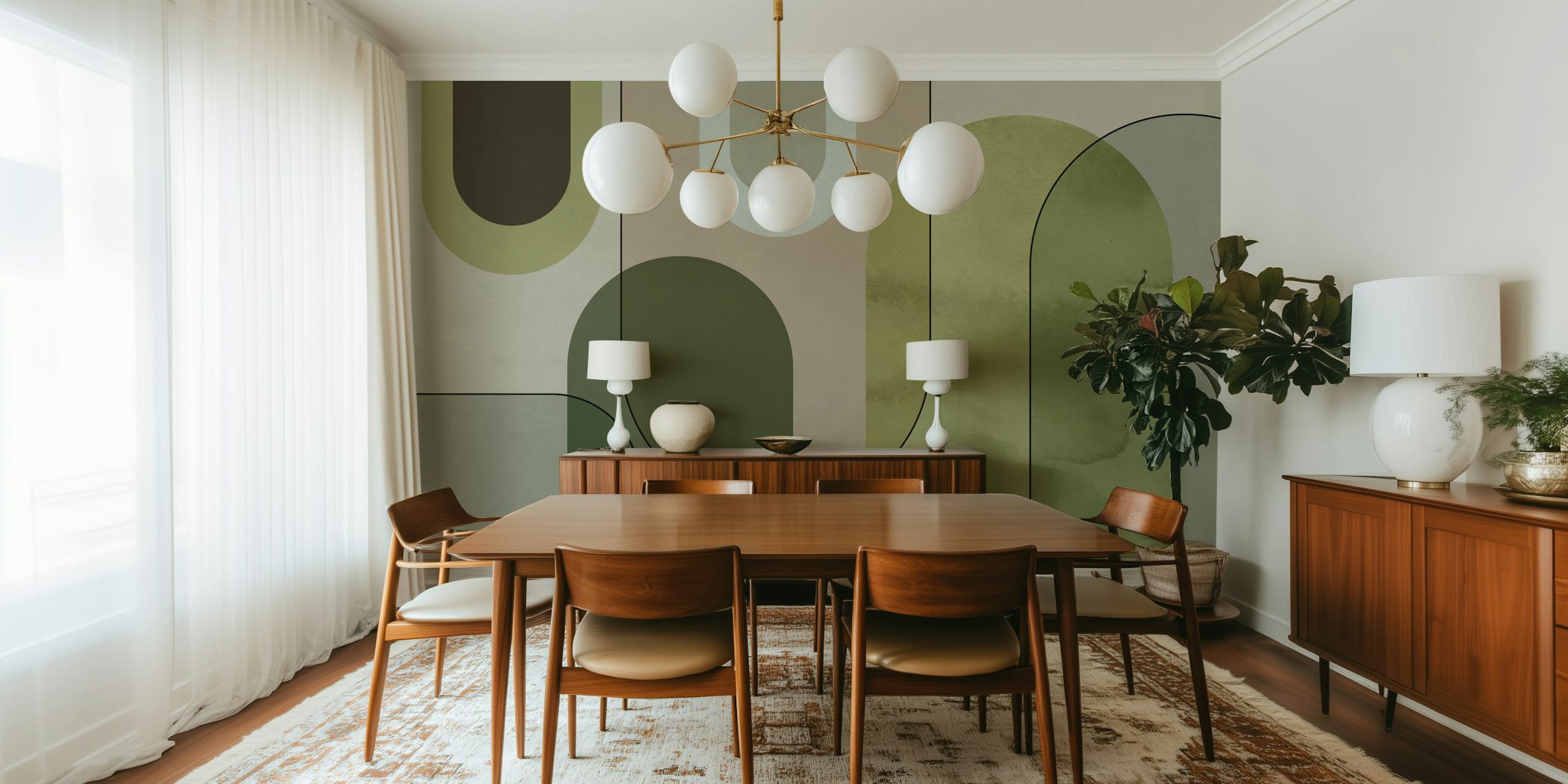Abstract Arches Moody Green tapetti huoneessa