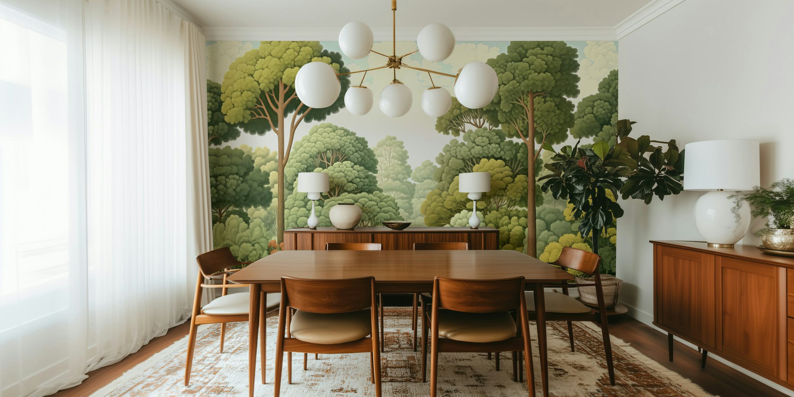 Tapeta Woodcut forest vystavená v místnosti