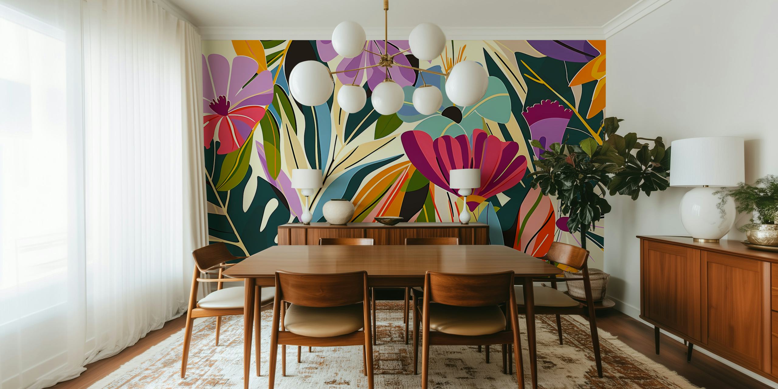 Colorful tropical flowers and leaves on cream wallpaper