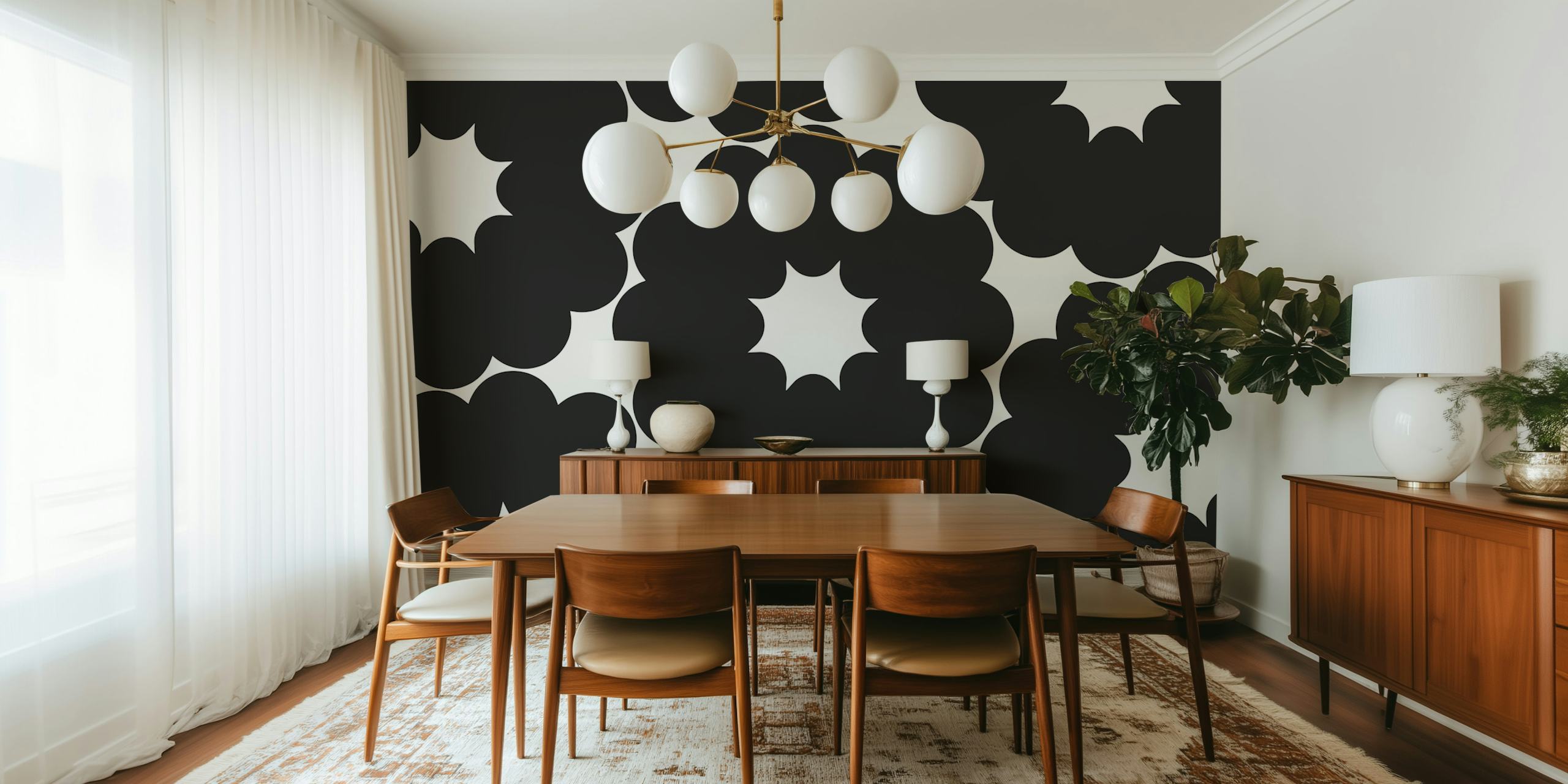 Monochrome Floral Burst wallpaper in a room