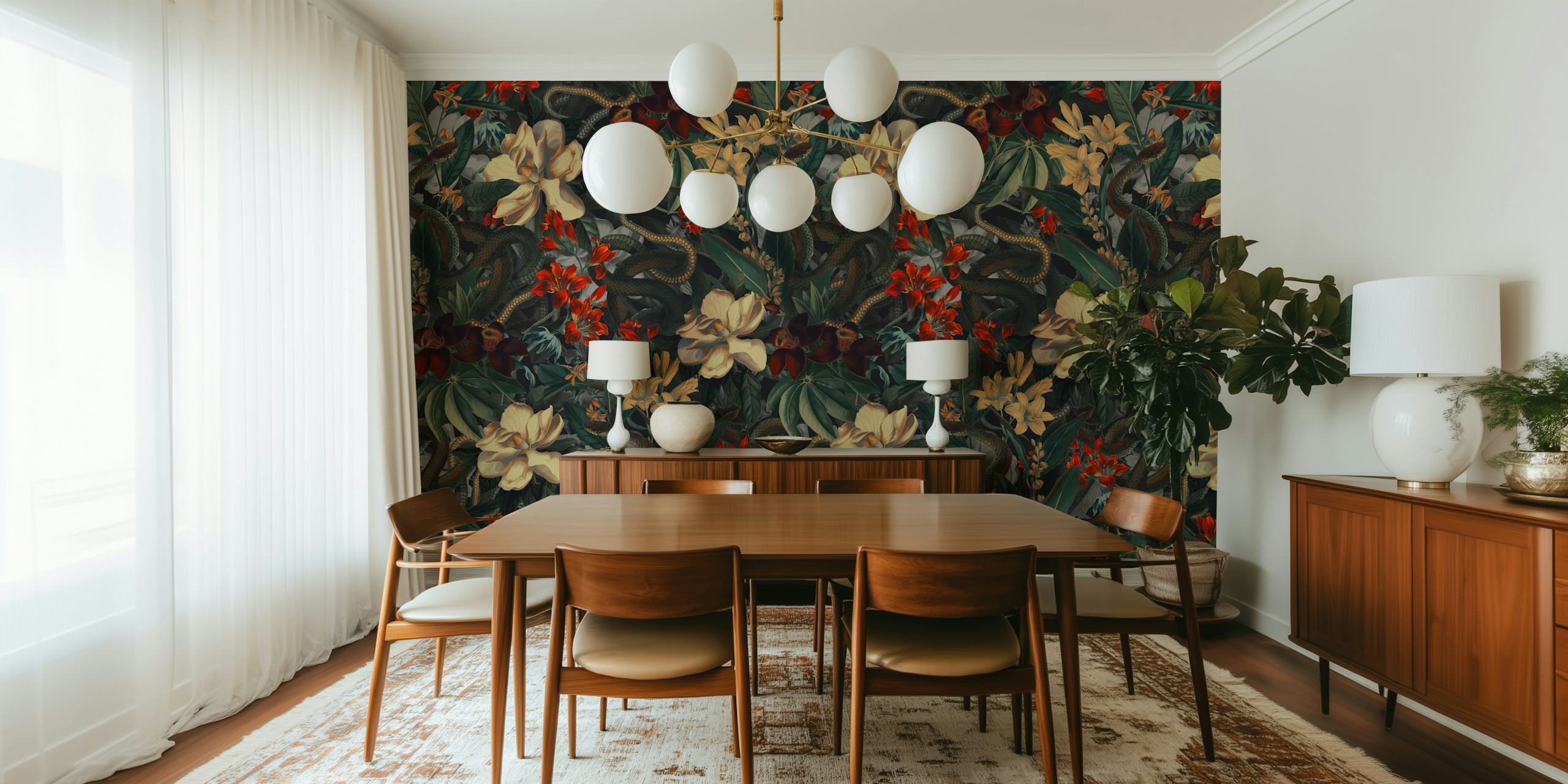 Colorful floral jungle wallpaper with snakes and tropical flowers