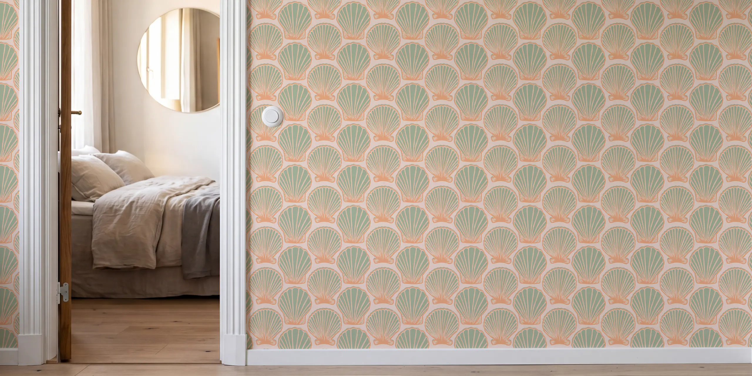 Green and Peach Scallop Shells Wallpaper