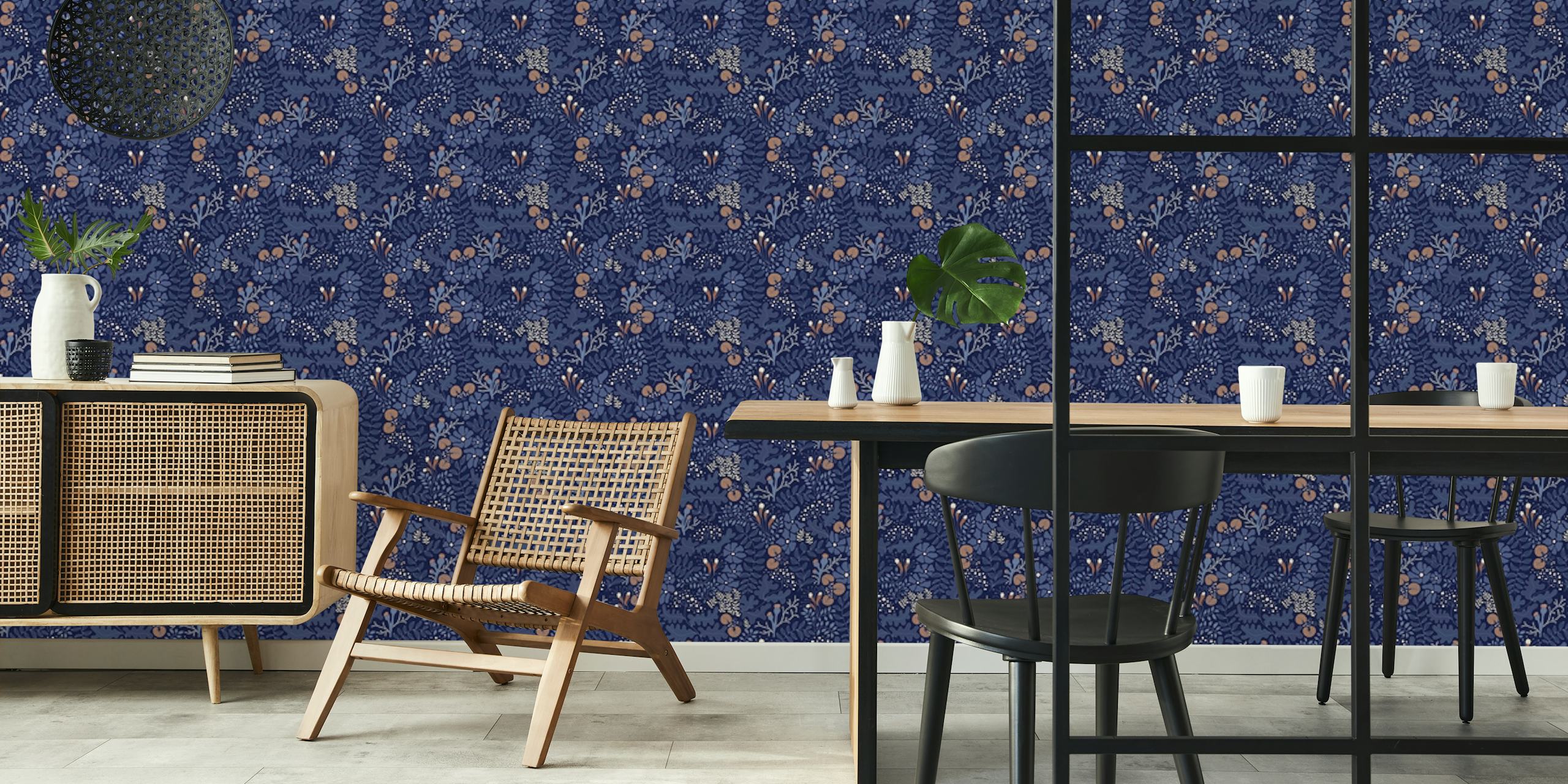 Floral patterns in dark blue with gold and beige accents wallpaper