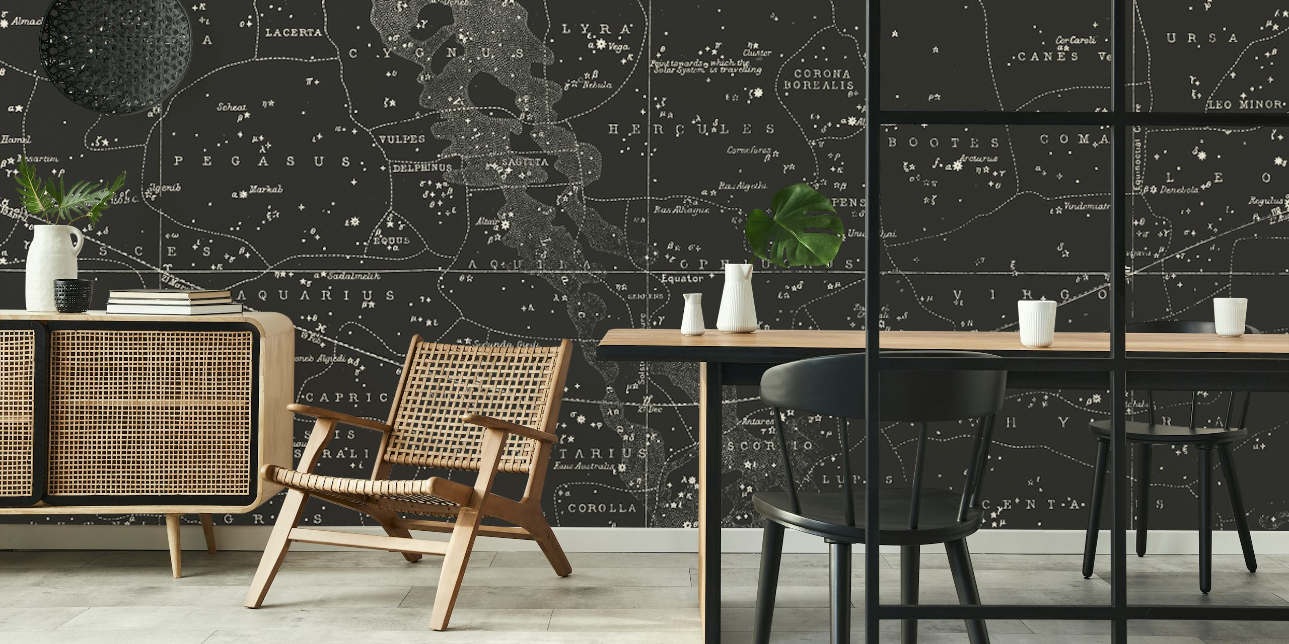 Black and white wall mural featuring zodiac signs and constellations for interior decor