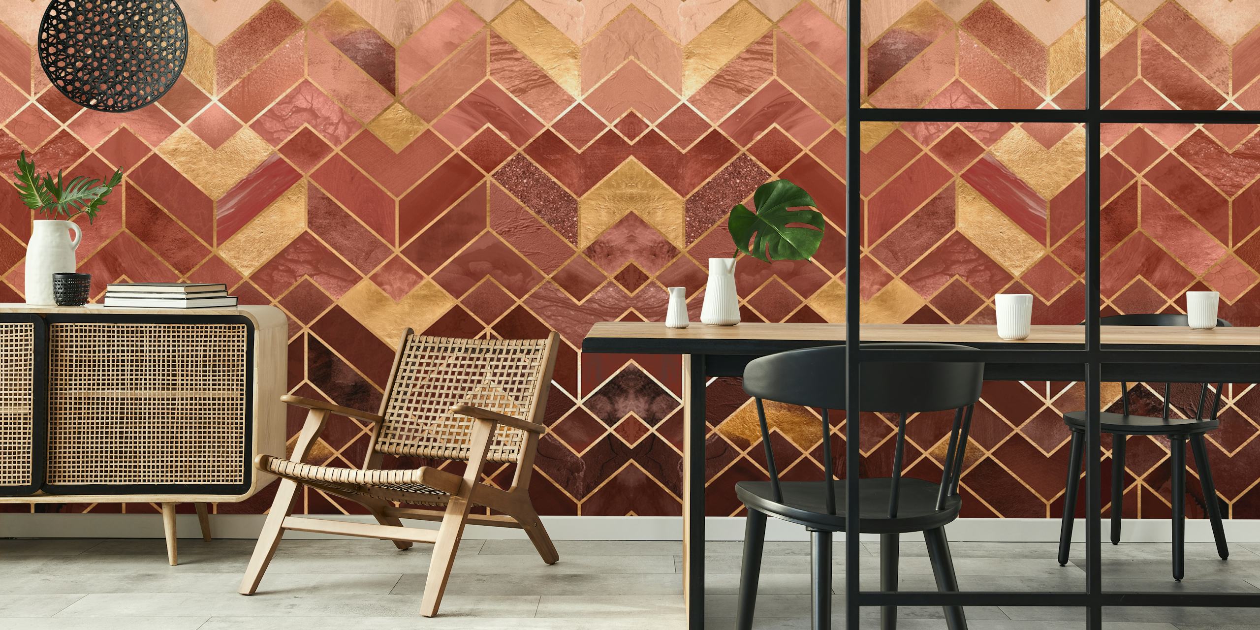 Geometric terracotta and gold pattern wallpaper