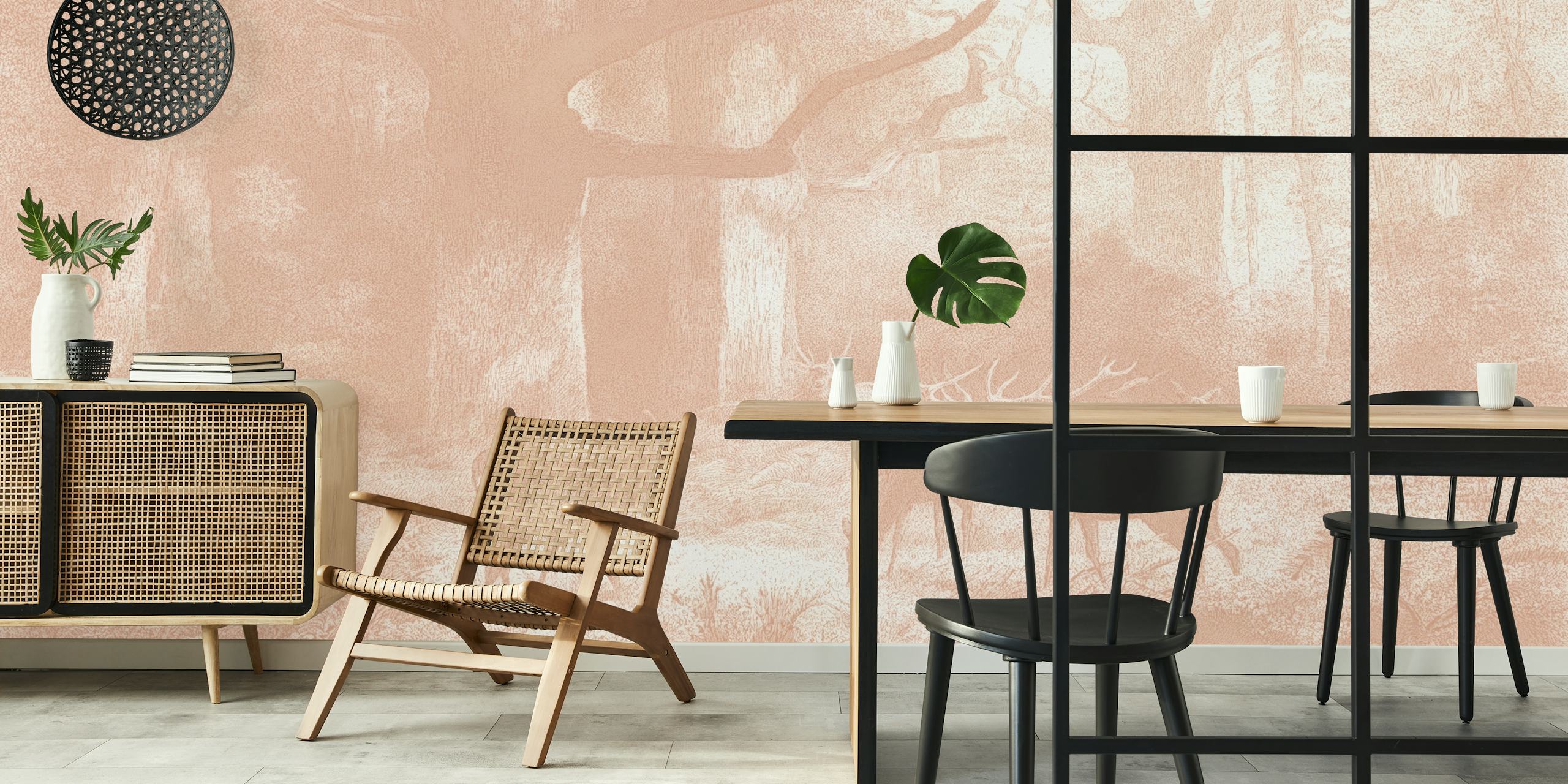 Deer grazing in a vintage forest scene with pale colors wallpaper