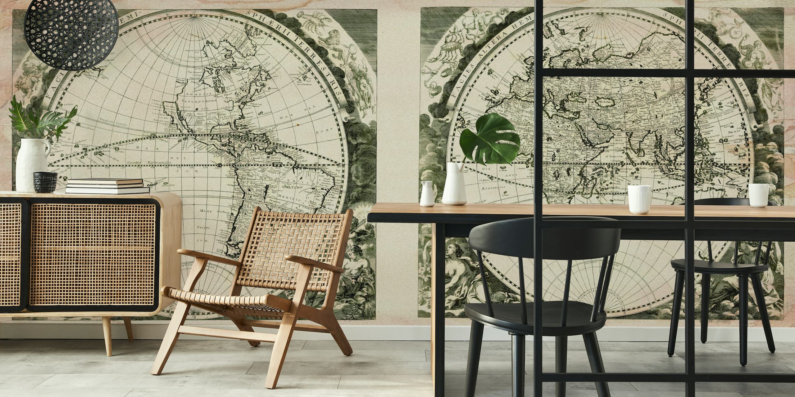 Vintage world map design in black and white with ornate details wallpaper