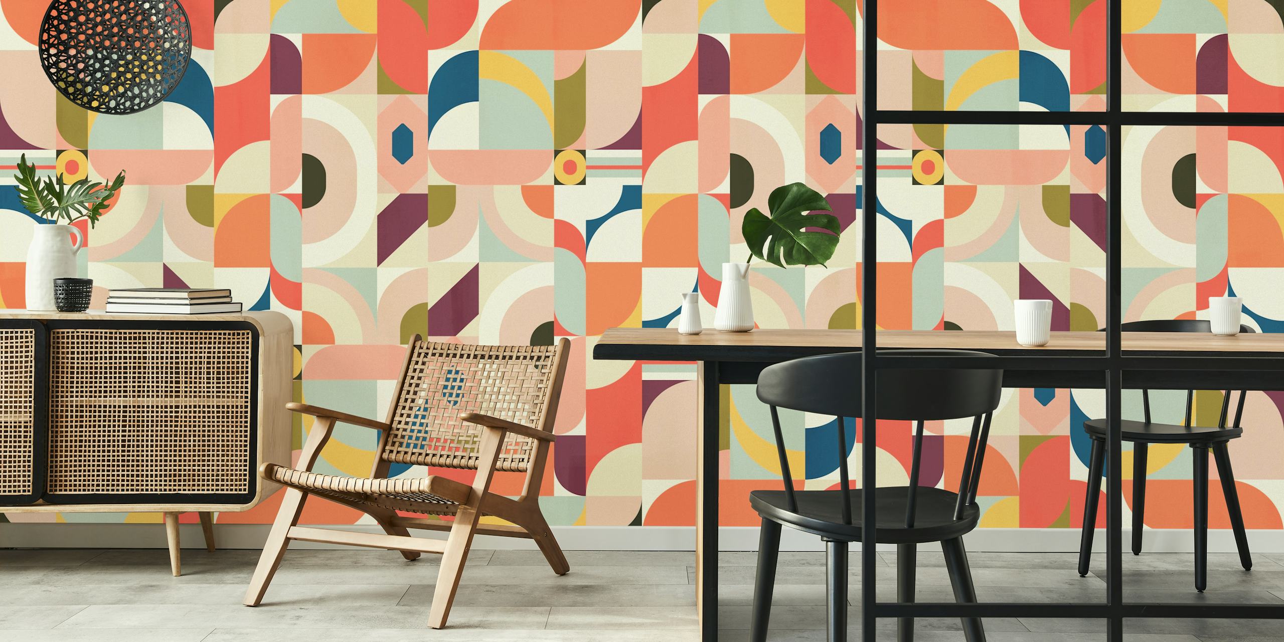 Mid century geometric wallpaper with coral, blue, and beige patterns