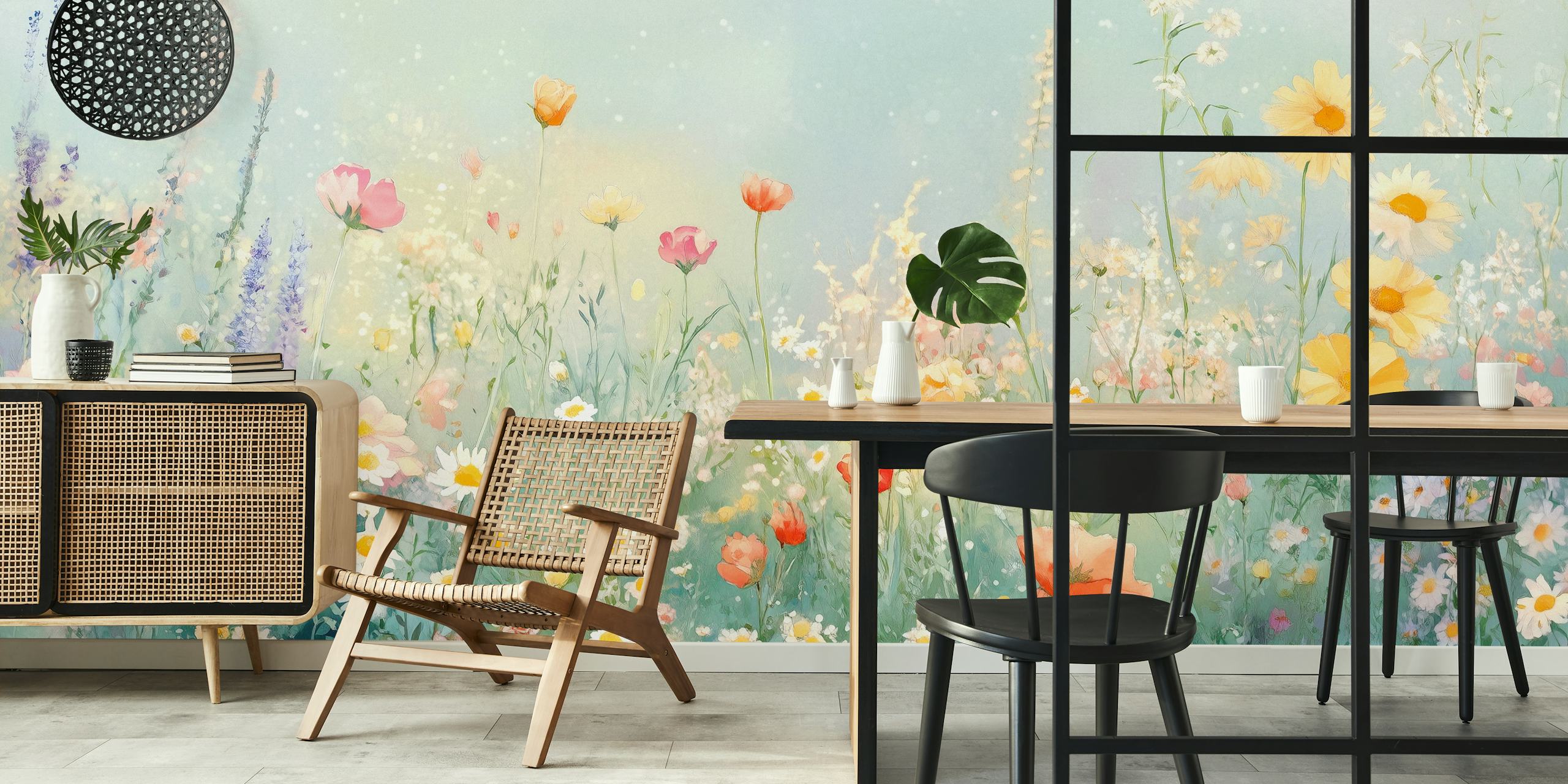 Colorful flowers in a blooming meadow; watercolor wallpaper