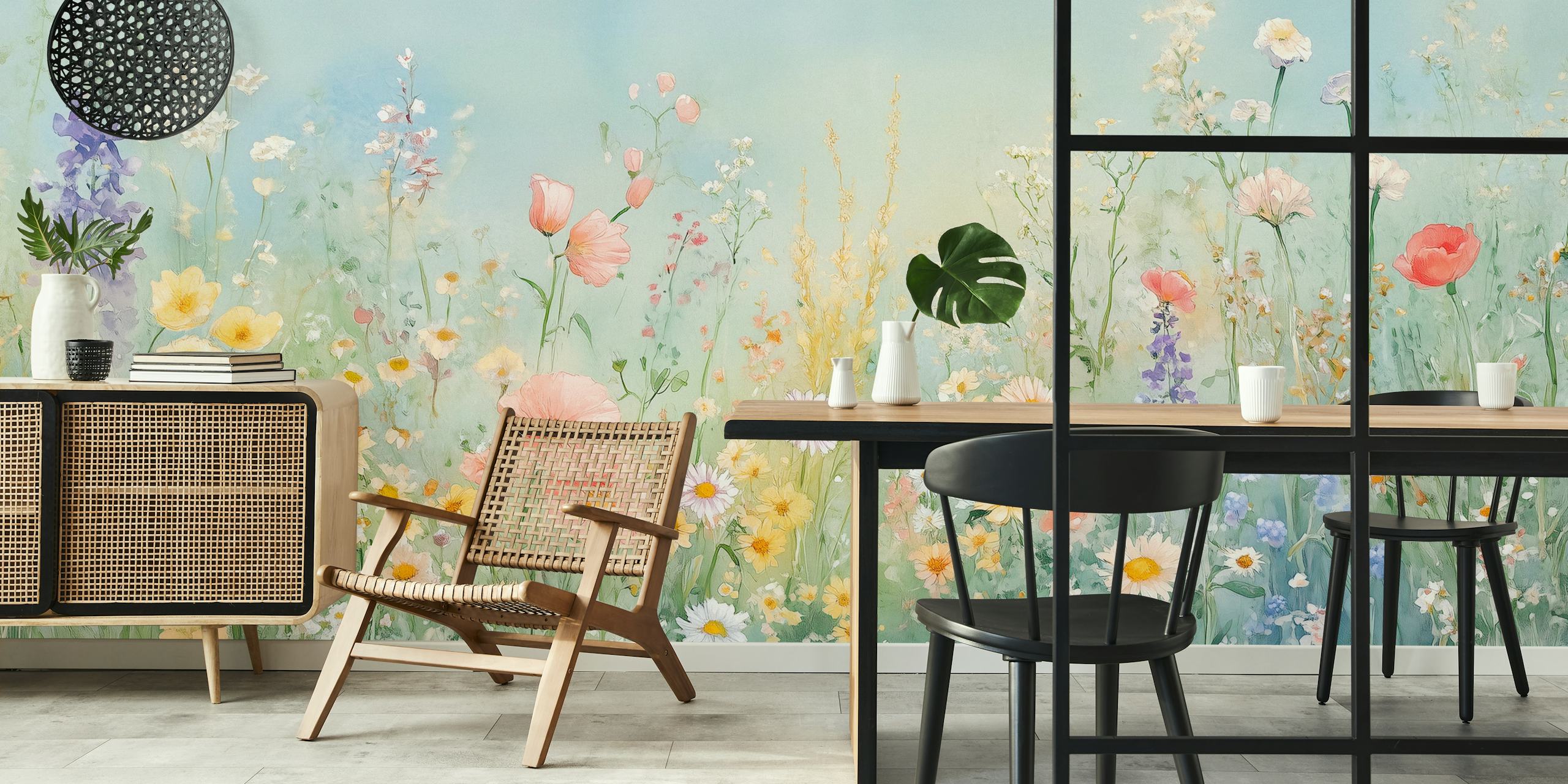 Watercolor floral meadow with colorful flowers in soft pastels wallpaper