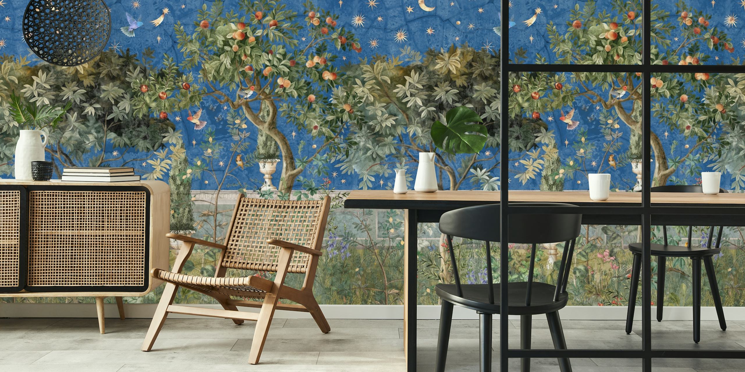 Starry Orchard Dreams Midnight papel de parede em um quarto