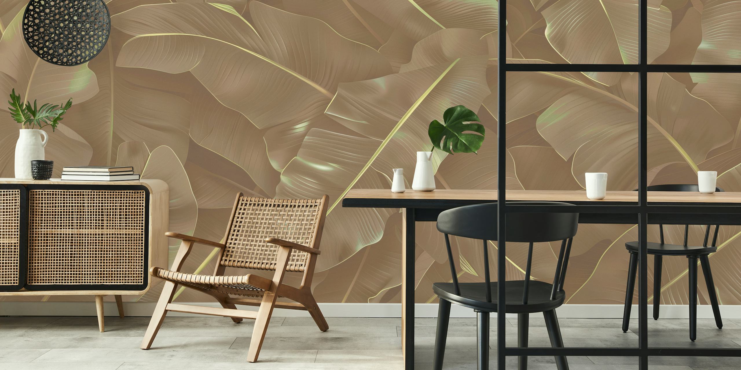 Gold tropical leaves on a textured background wallpaper
