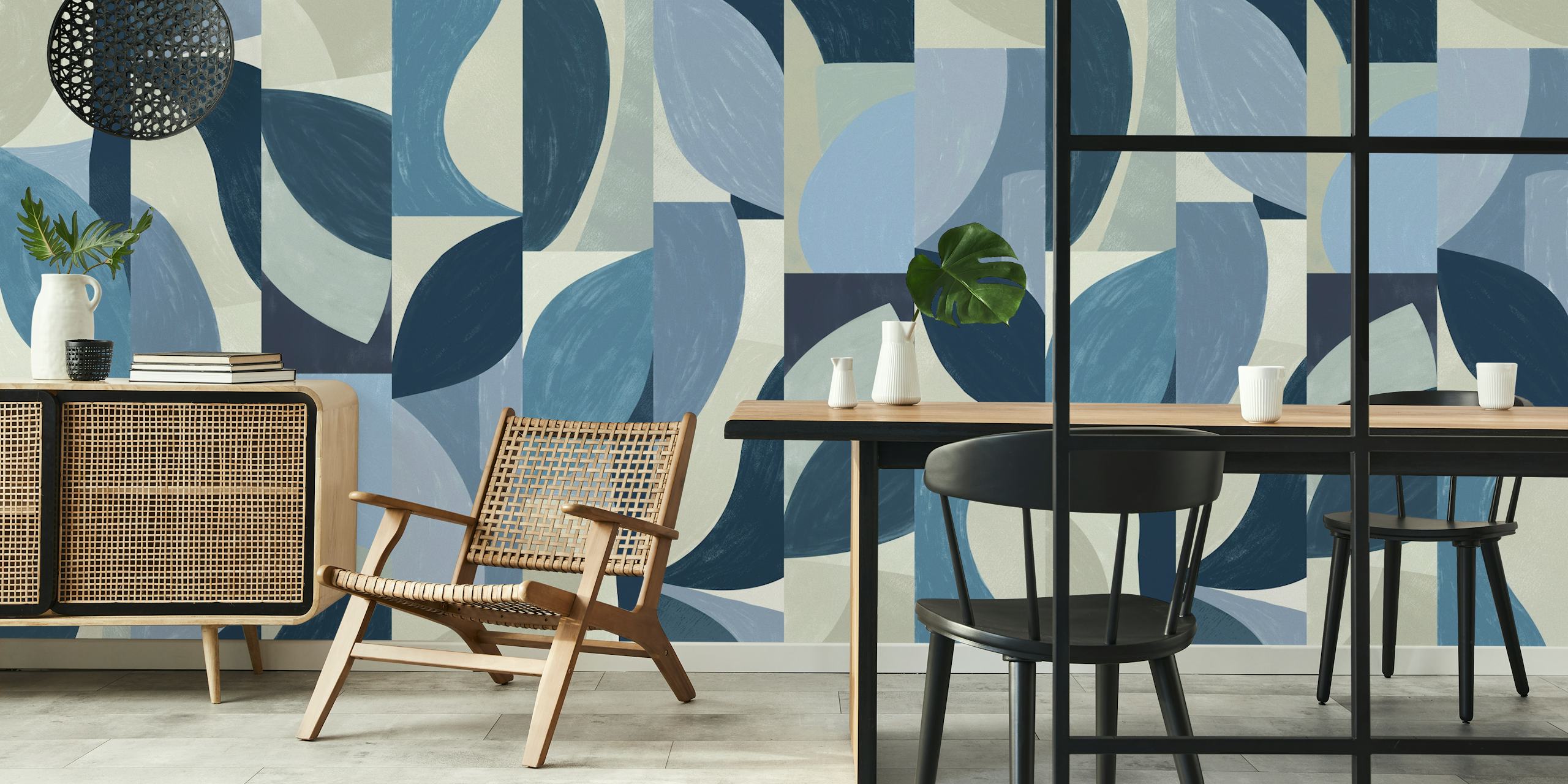 Colorful abstract blue leaves in geometric shapes wallpaper
