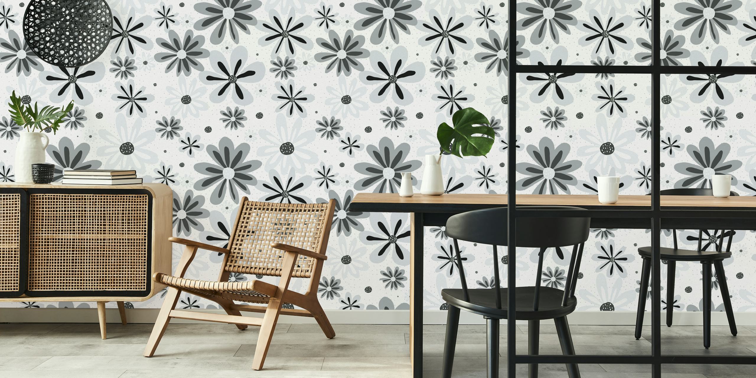 Black and white floral pattern wallpaper featuring assorted flower shapes and styles