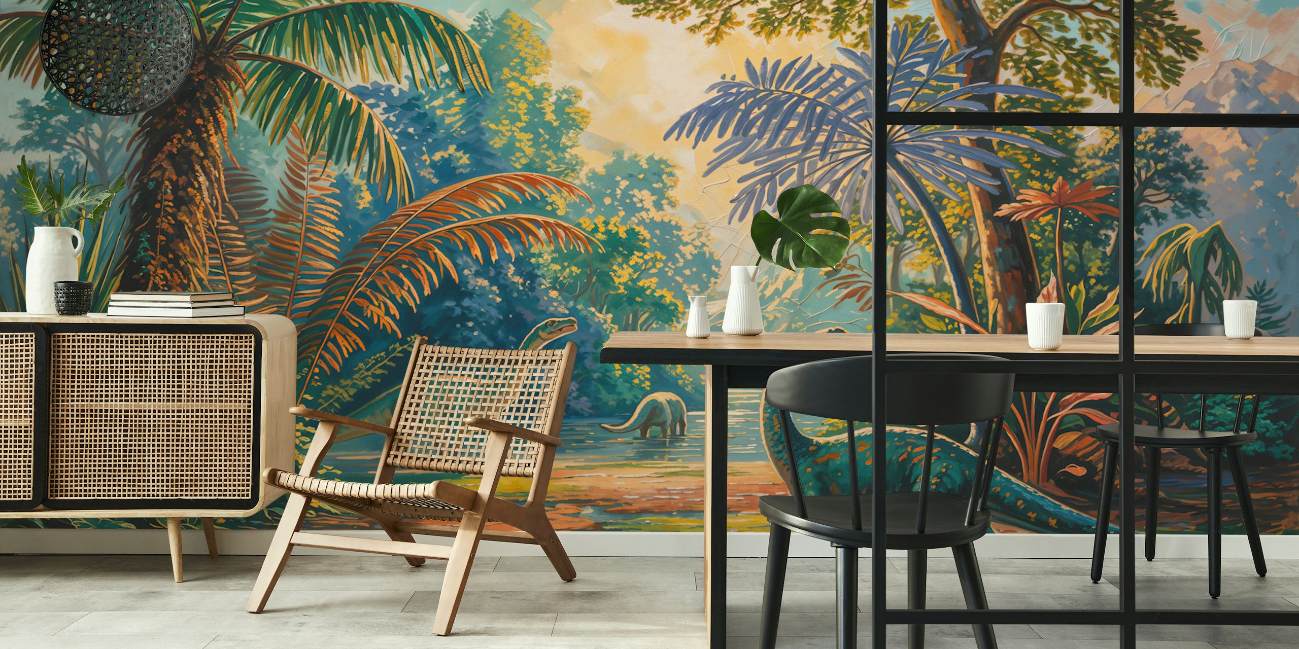 Papel pintado Dino Jungle Oasis en una habitación