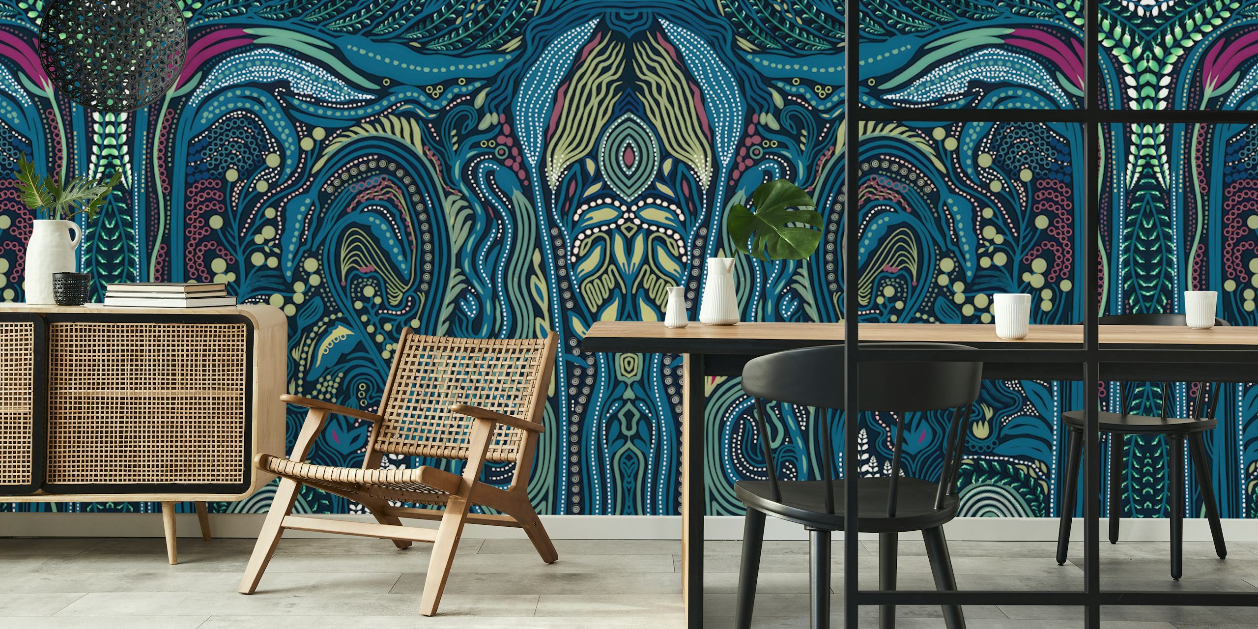 Colorful abstract floral design with swirling patterns in blue, green, and red wallpaper