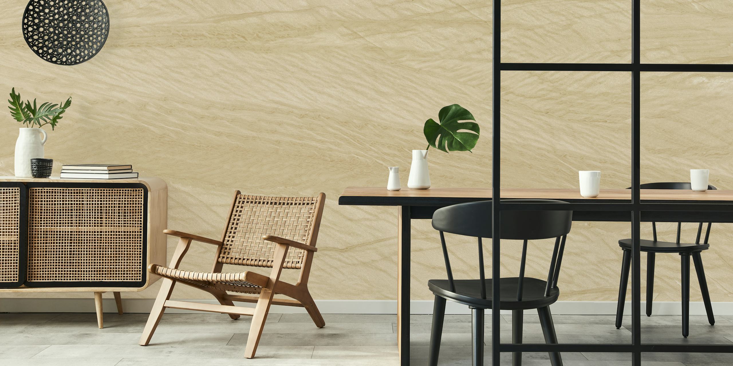 Beige textured wallpaper resembling natural stone surface