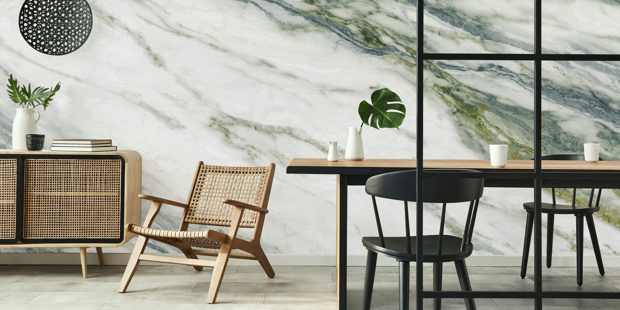 Calacatta Verde marble pattern wallpaper featuring white and green veining.