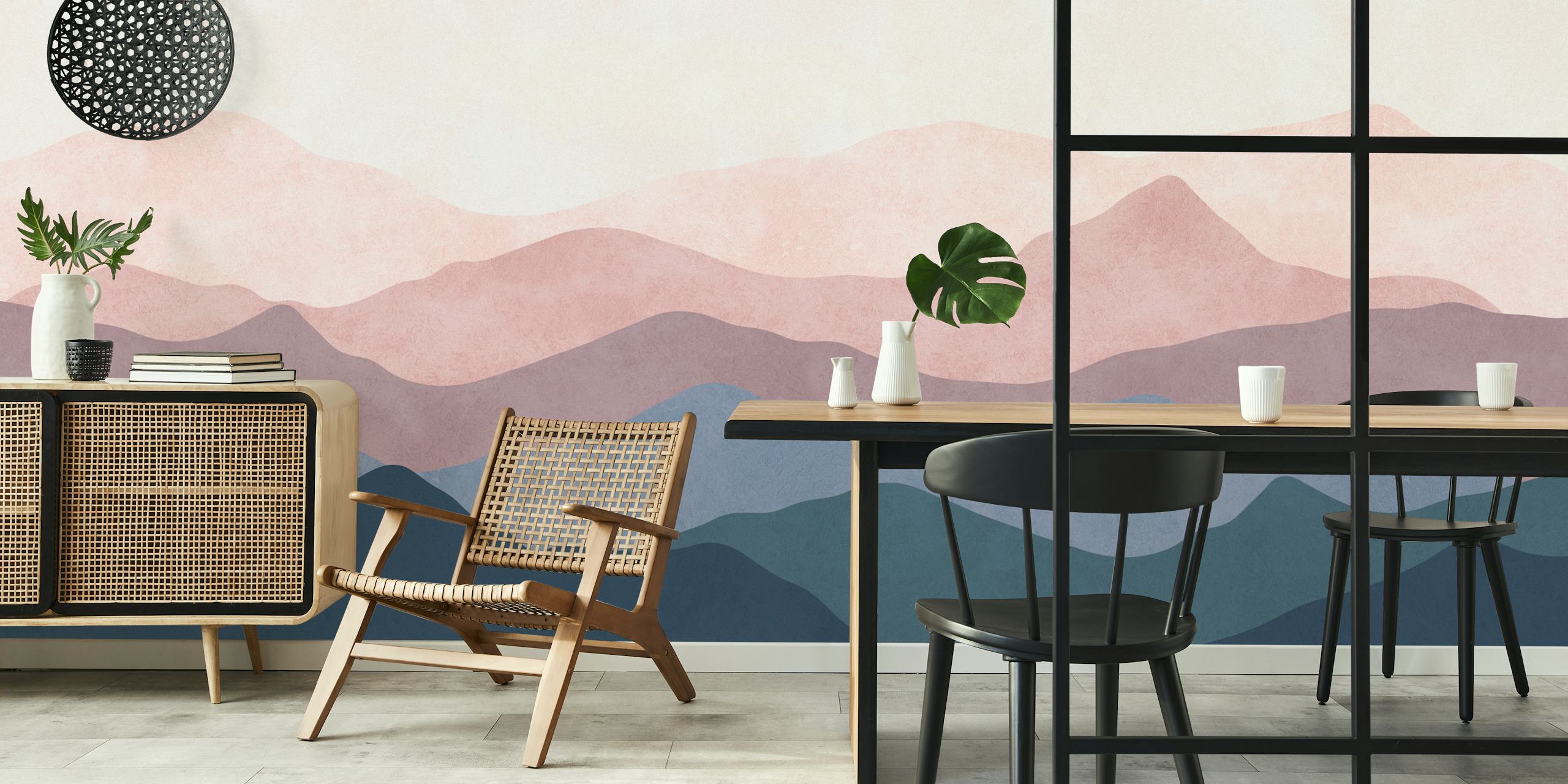 Serene mountain range wallpaper in a room
