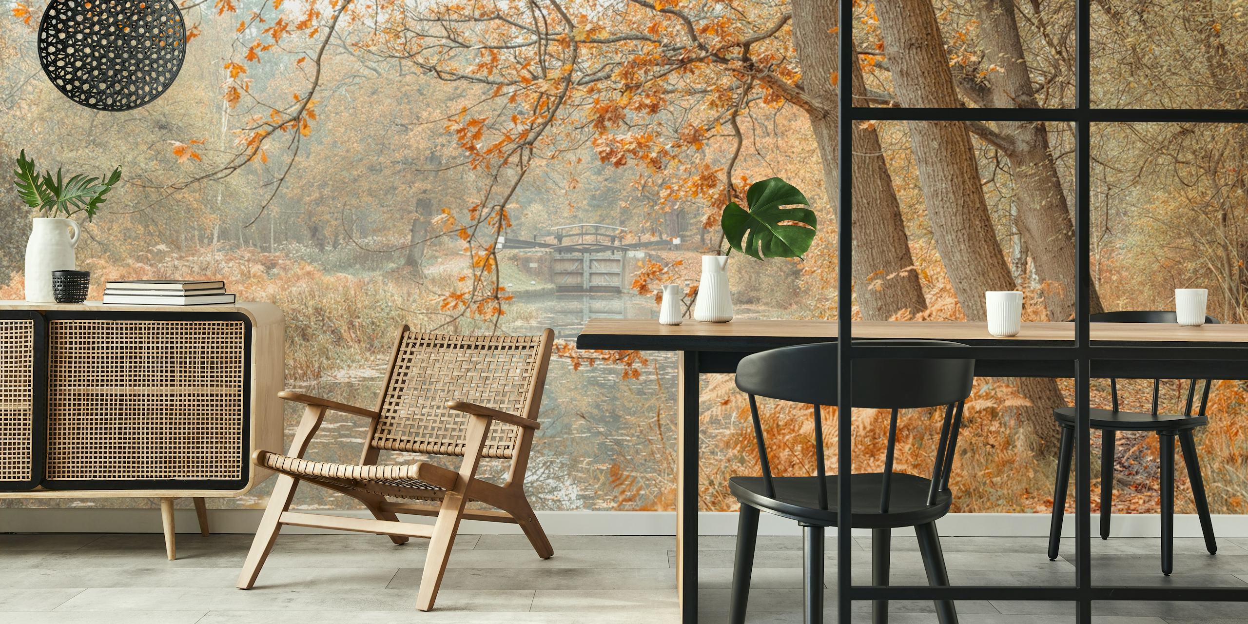 Autumn forest with a tranquil canal wall mural