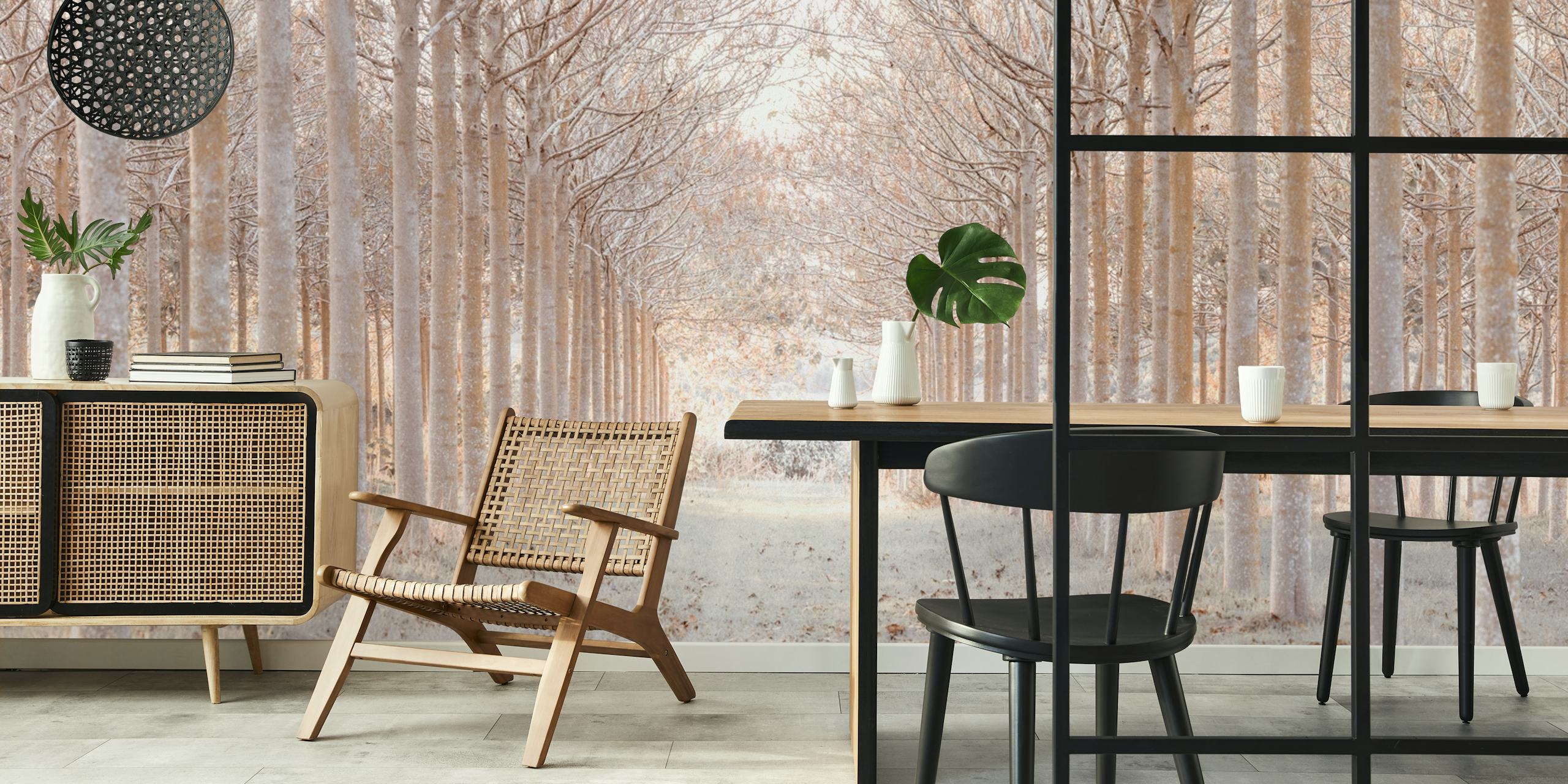 Winter forest wallpaper in a room