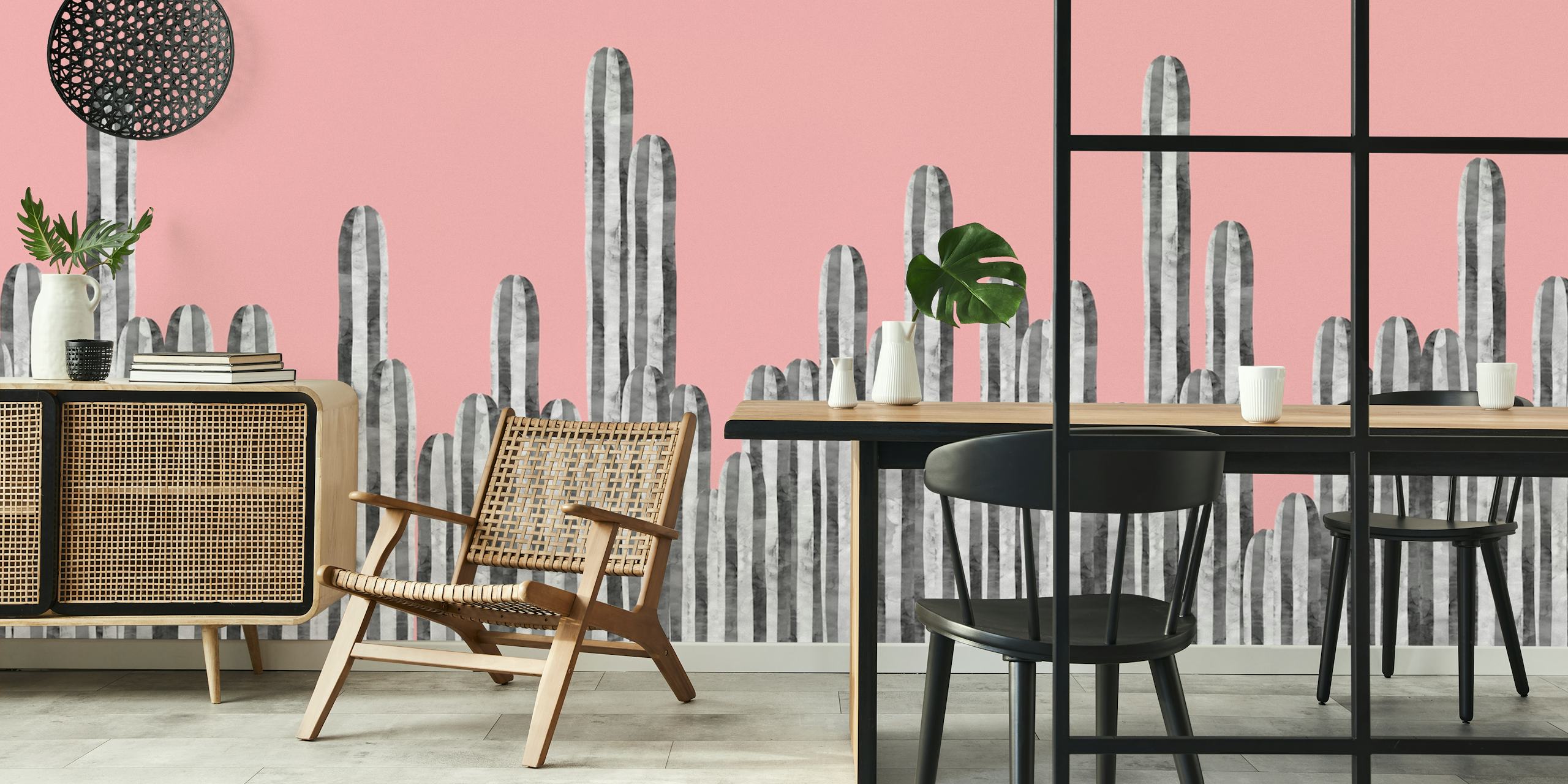 Abstract cactus landscape with black striped cacti on pink background wallpaper