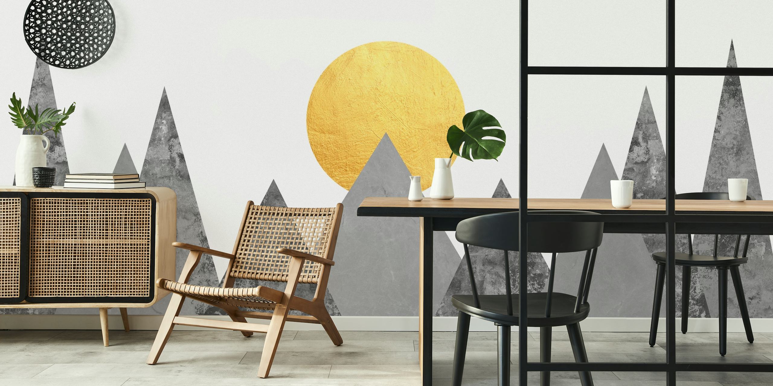 Gray marble mountain wallpaper with gold sun