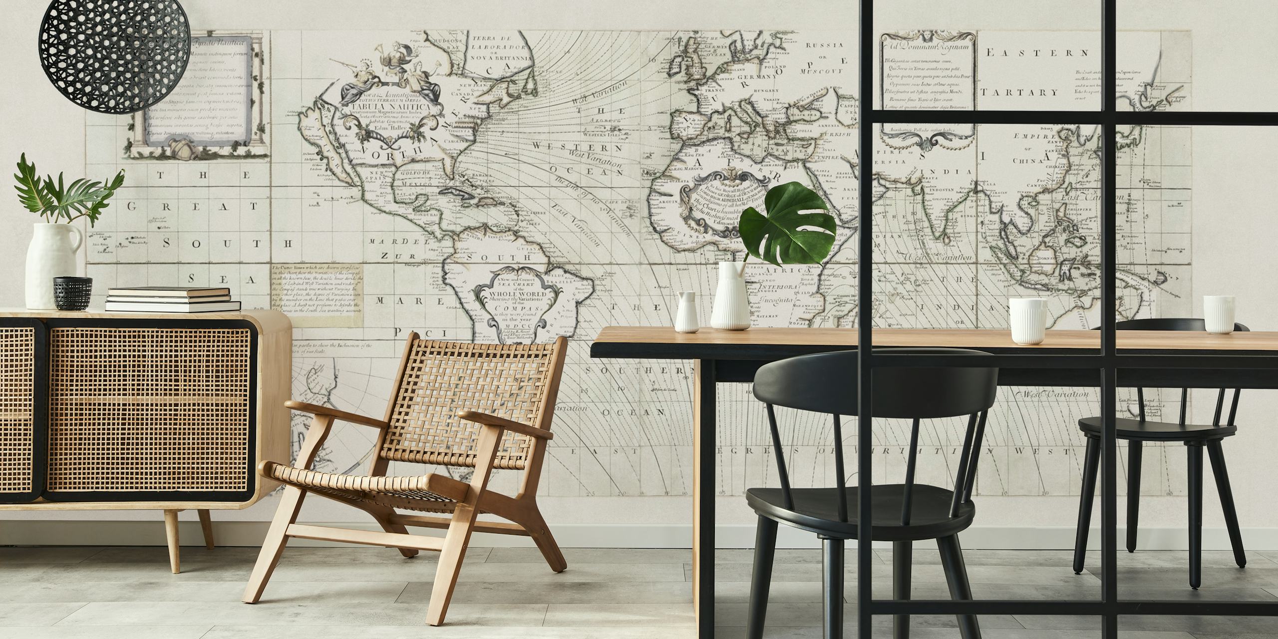 Papel tapiz de mapa mundial antiguo en una sala de exposición