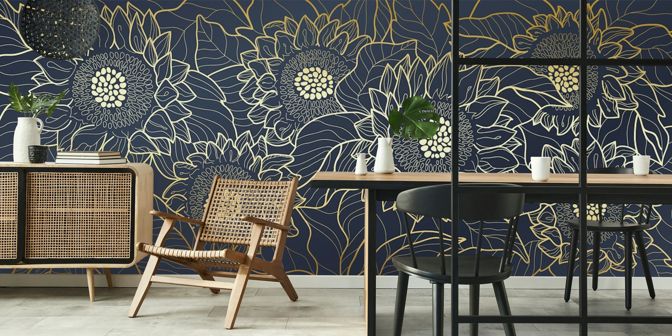 Sunflower line art design in gold and navy wallpaper