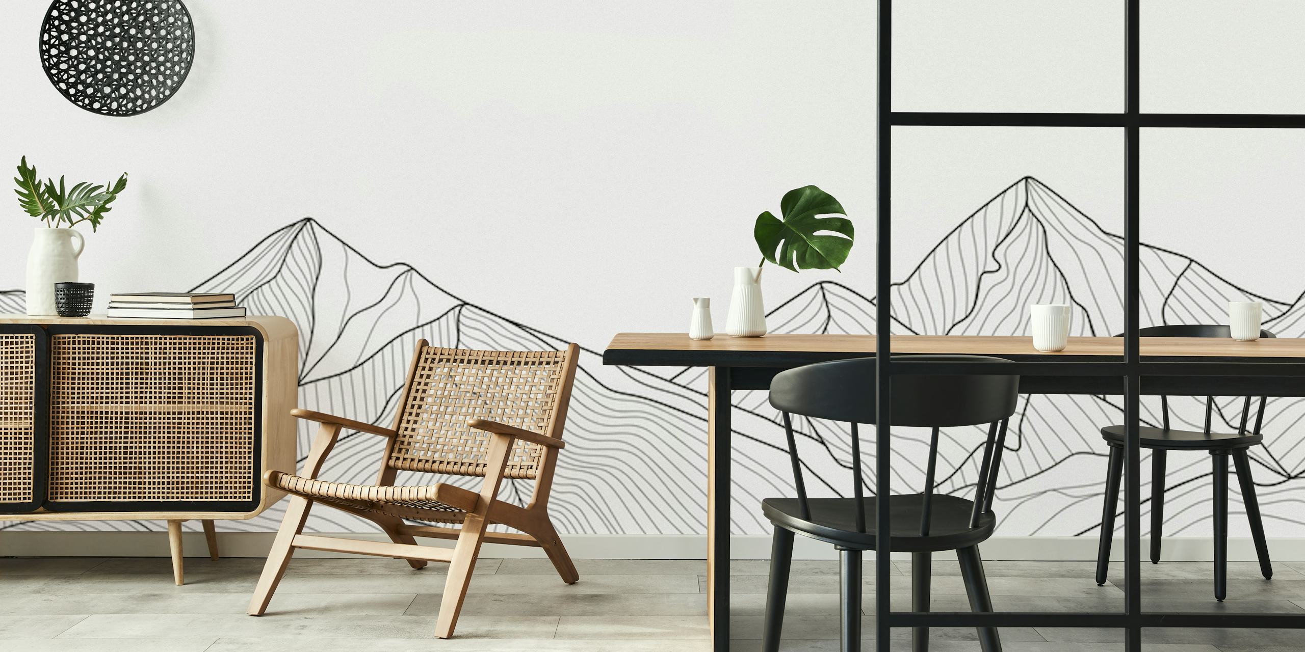 Mountains line art papel tapiz en una habitación
