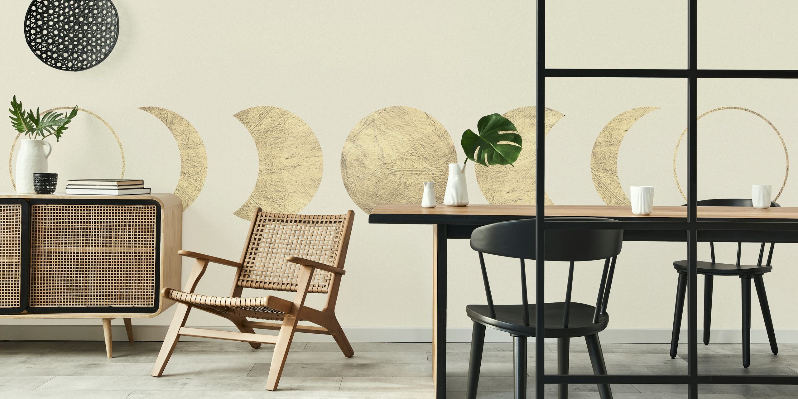 Gold moon phases design on a soft beige background wallpaper