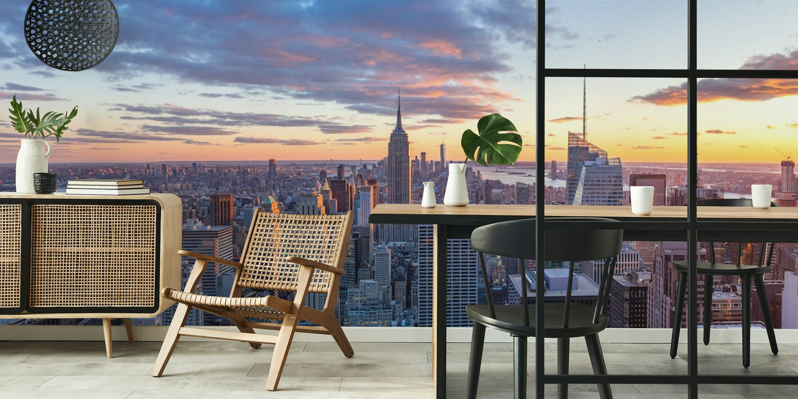Panoramisk veggmaleri av skyskrapere i New York i skumringen