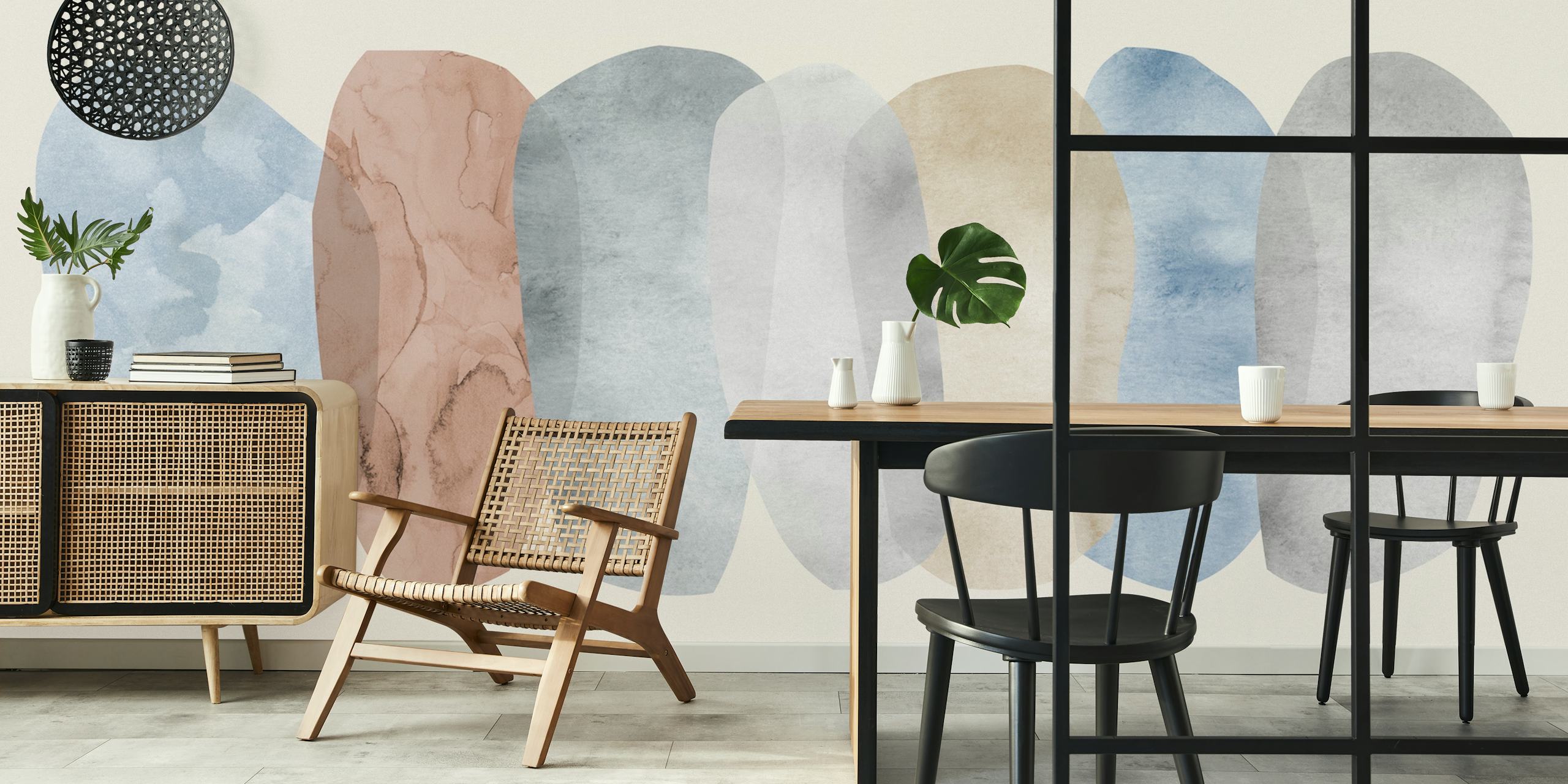 Abstract watercolor shapes in soft blues, beiges, and grays wallpaper
