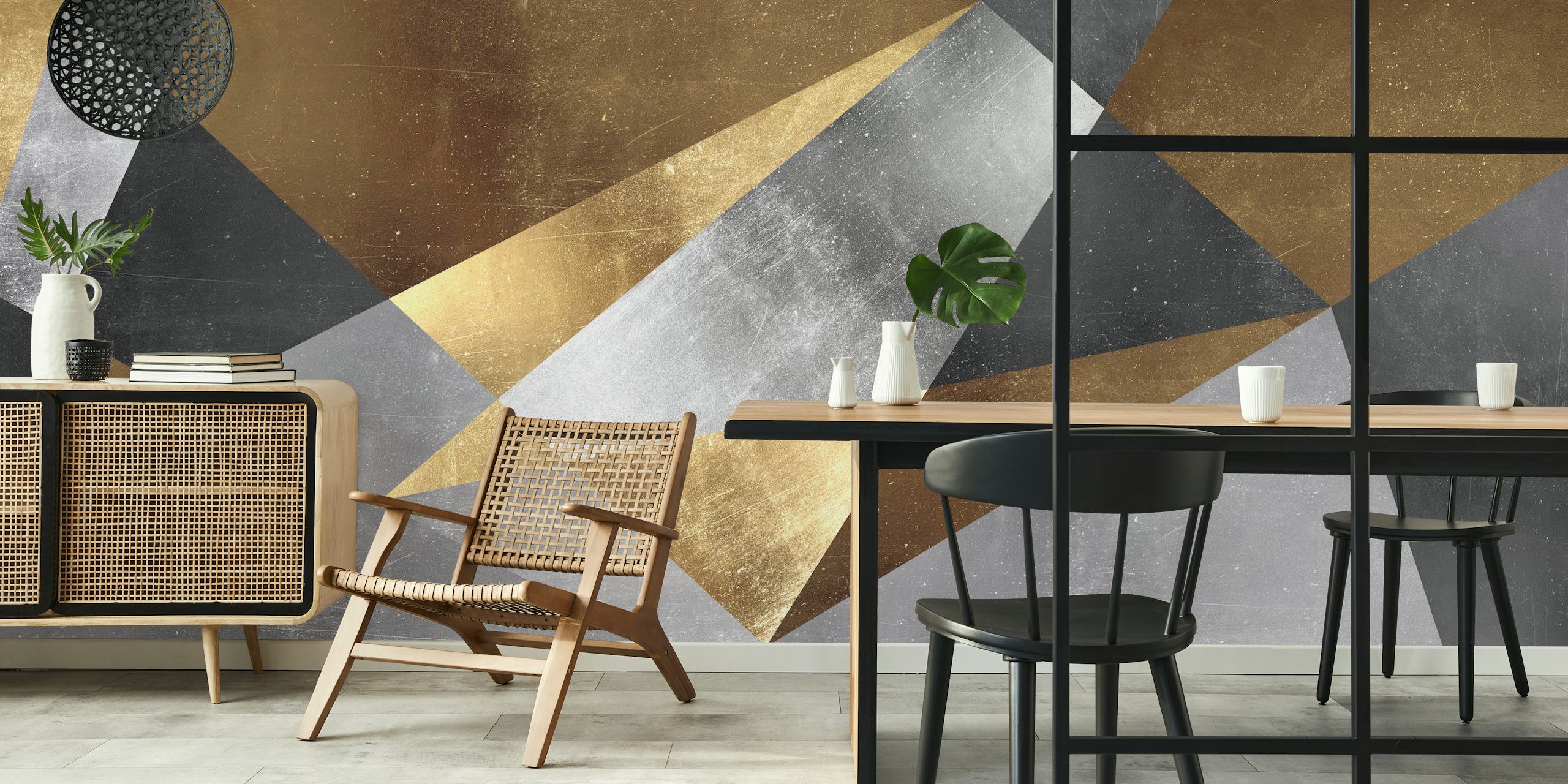 Geometric patterns in gold, silver, and black wallpaper